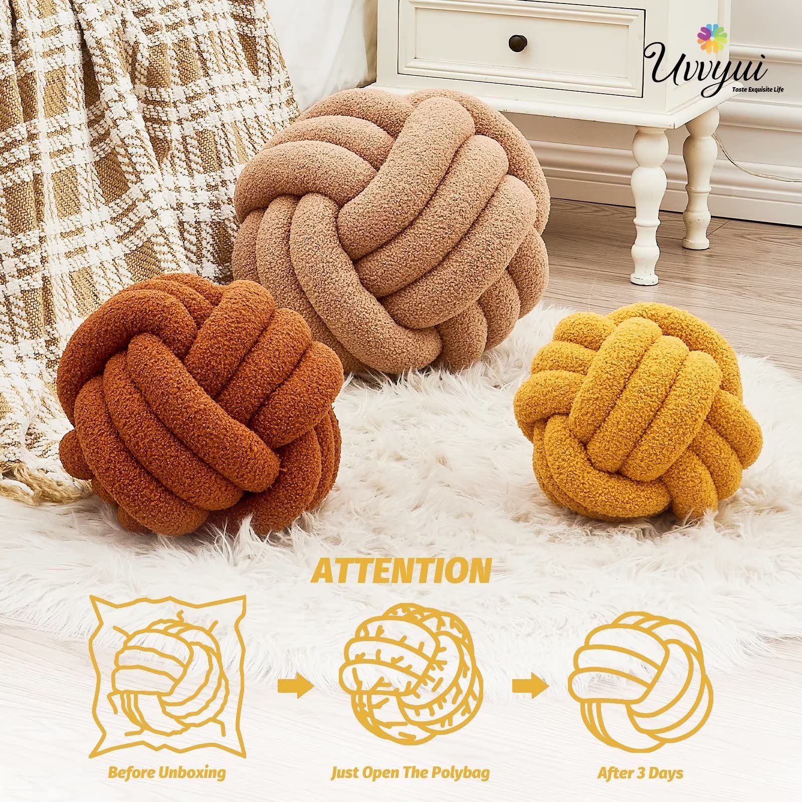 UVVYUI Handmade Knotted Plush Pillow - 11 Inch Round Boucle Throw Cushion for Sofa & Bed, Soft Home Decor Pillow in Dark Yellow | Perfect for Living Room, Nursery & Cozy Reading Nook