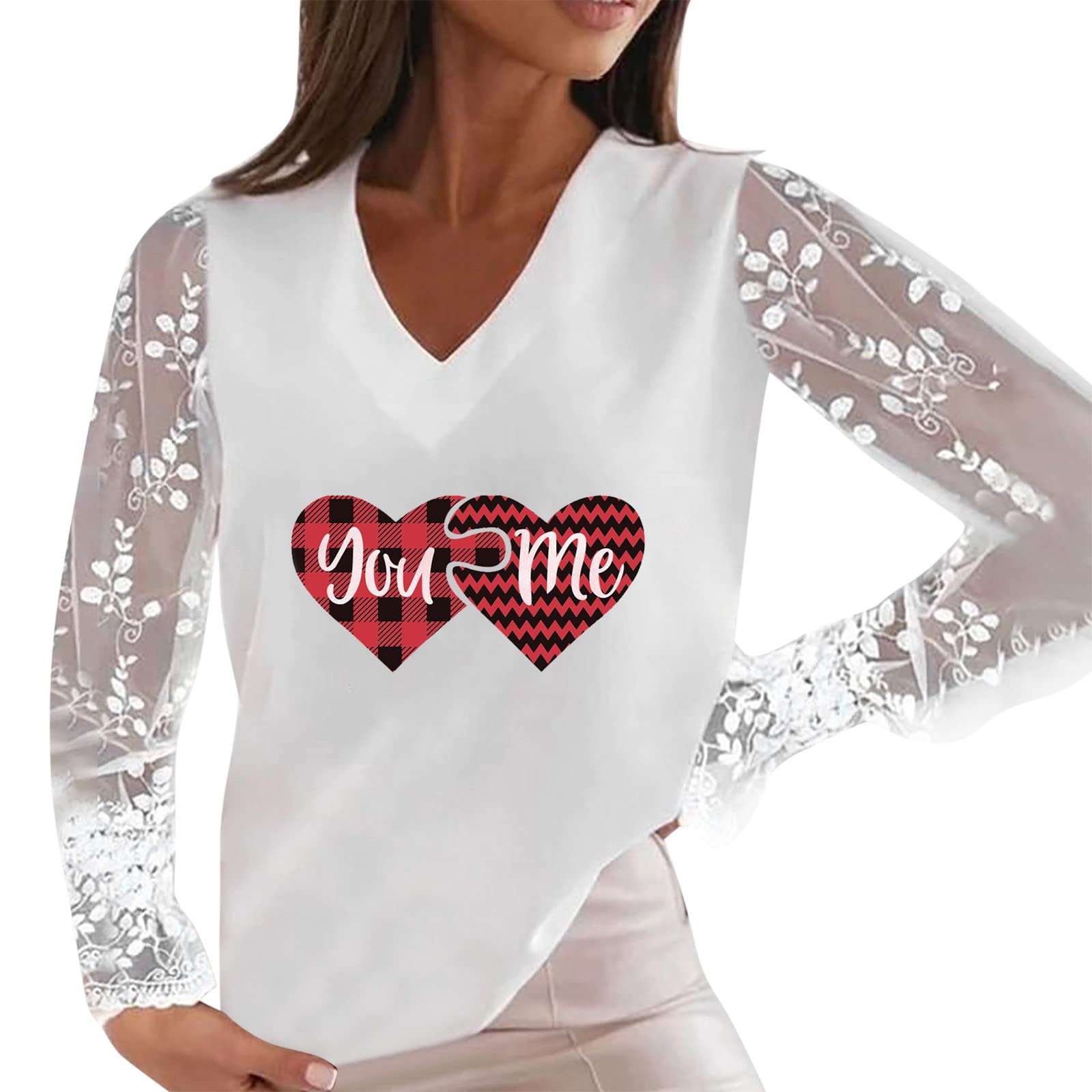 Women's Lace V-Neck Long Sleeve Pullover Blouse - Elegant Hollow Out Loose Casual Top for Everyday Wear | Perfect for Office, Date Night & Spring Outfits