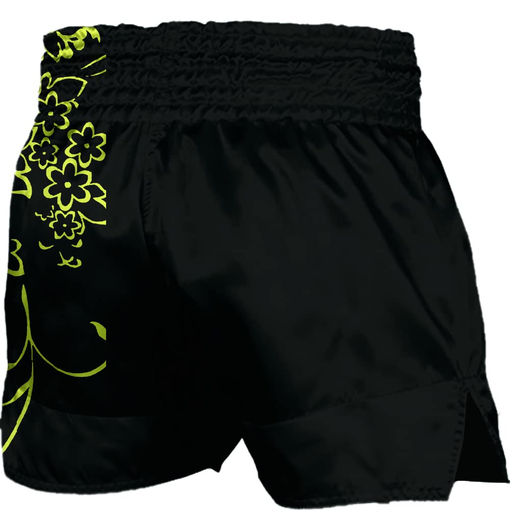 Premium Shiny Flower Muay Thai Shorts - Breathable Kickboxing Trunks for MMA, Boxing & Martial Arts Training - Ideal for Gym, Competition & Fitness Workouts - Black