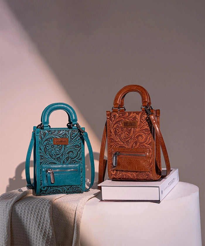 Montana West Genuine Leather Tooled Mini Crossbody Purse for Women - Stylish & Compact Handbag for Daily Use, Travel, and Casual Outings