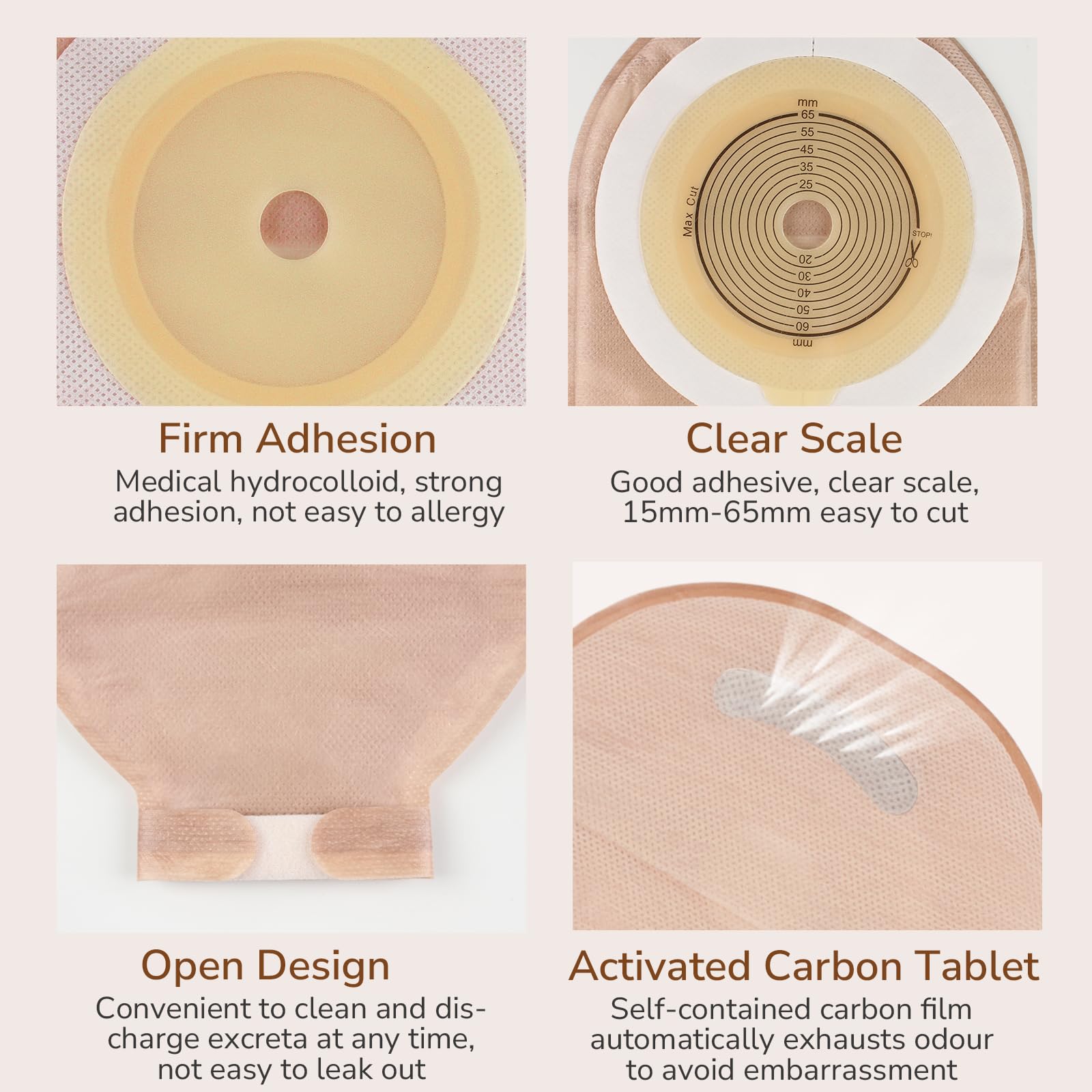 60 PCS Colostomy Bags - Drainable Ostomy Pouches for Ileostomy Care (15mm-65mm) | Hook & Loop Closure | Cut-to-Fit Design | Comfortable & Secure Stoma Supplies for Daily Use, Travel & Active Lifestyle