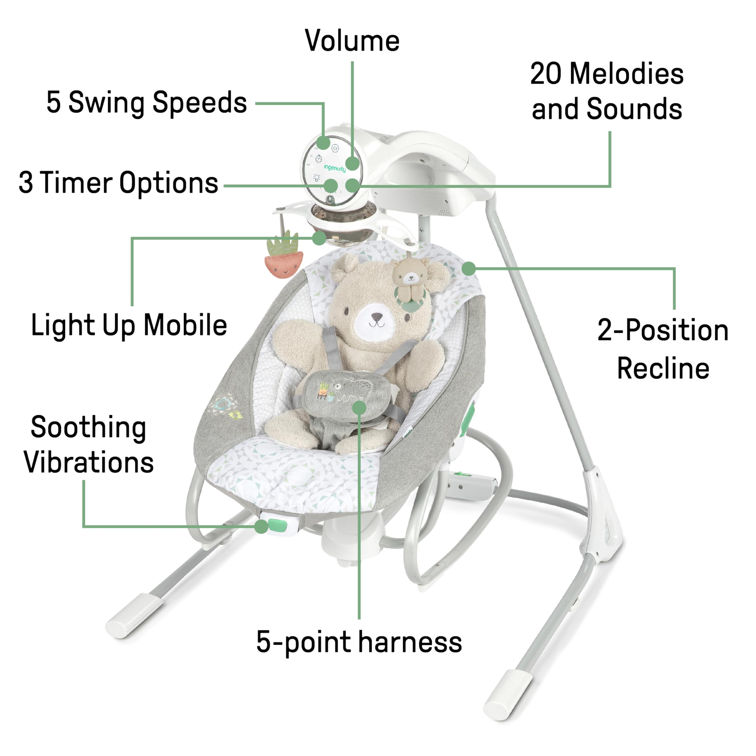 Ingenuity InLighten Soothing Swing & Rocker - Vibrating Baby Seat with Soothing Sounds & Lights for Newborns & Infants - Perfect for Nursery, Bedroom & Playtime (Nate)
