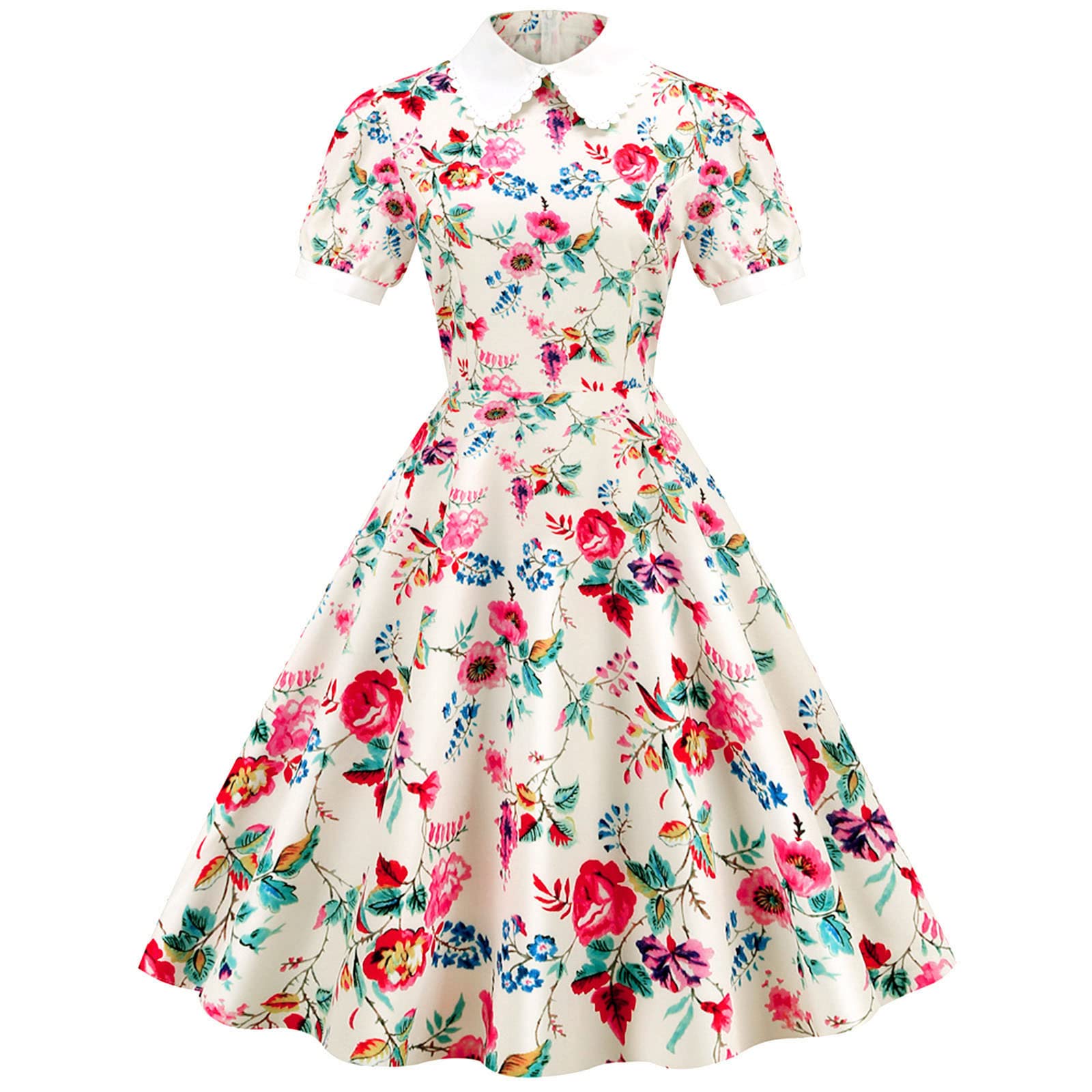Vintage Floral Print Women's Cocktail Party Dress with Doll Collar - Short Sleeve Sun Dress for Prom, Casual Wear & Summer Outings