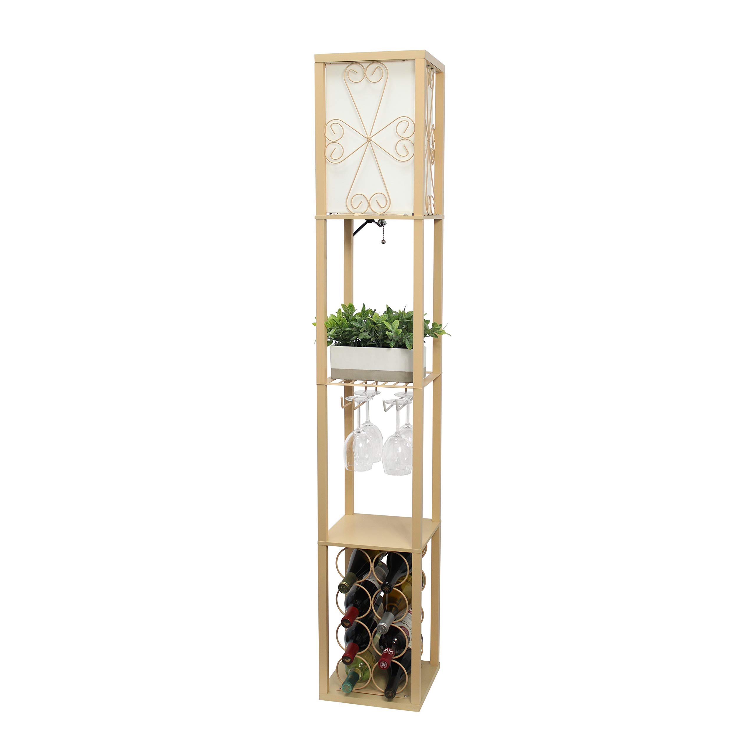 Simple Designs LF1015-TAN 3-Tier Shelf Organizer with Wine Rack & White Linen Shade - Modern Storage Solution for Living Room, Bedroom or Office - Space-Saving Floor Lamp & Display Unit