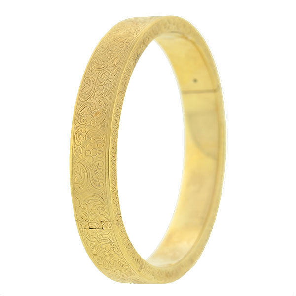 Art Deco 14kt Gold Etched Hinged Bangle Bracelet for Women - Vintage Inspired Jewelry for Parties, Weddings & Special Occasions