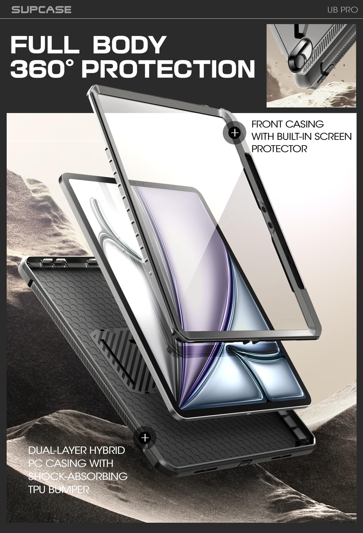 SUPCASE Unicorn Beetle Pro Rugged Case for iPad Air 13 Inch M3/M2 (2025/2024) - Military-Grade Protection with Built-in Screen Protector, Pencil Holder & Stand - Perfect for Outdoor Adventures, Work & Travel - Black