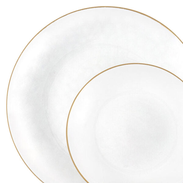 32-Piece Transparent White & Gold Hammered Plastic Dinnerware Set - Round Plates & Bowls (Serves 16) - Elegant & Durable for Parties, Weddings, and Everyday Dining
