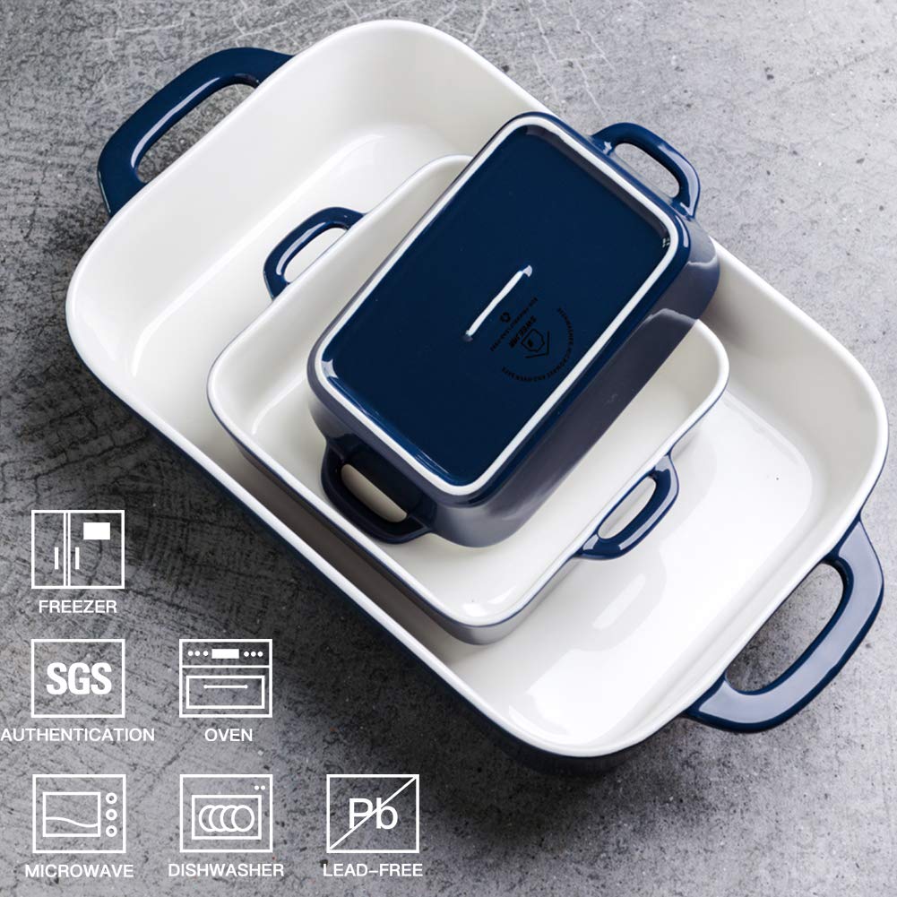Sweejar Ceramic Bakeware Set - 3-Piece Rectangular Baking Dish for Oven, Casserole, Lasagna & Cake | Porcelain Oven-Safe Baking Pans for Kitchen, Dinner Party & Daily Cooking (Navy Blue) | Perfect for Holiday Meals, Family Gatherings & Meal Prep
