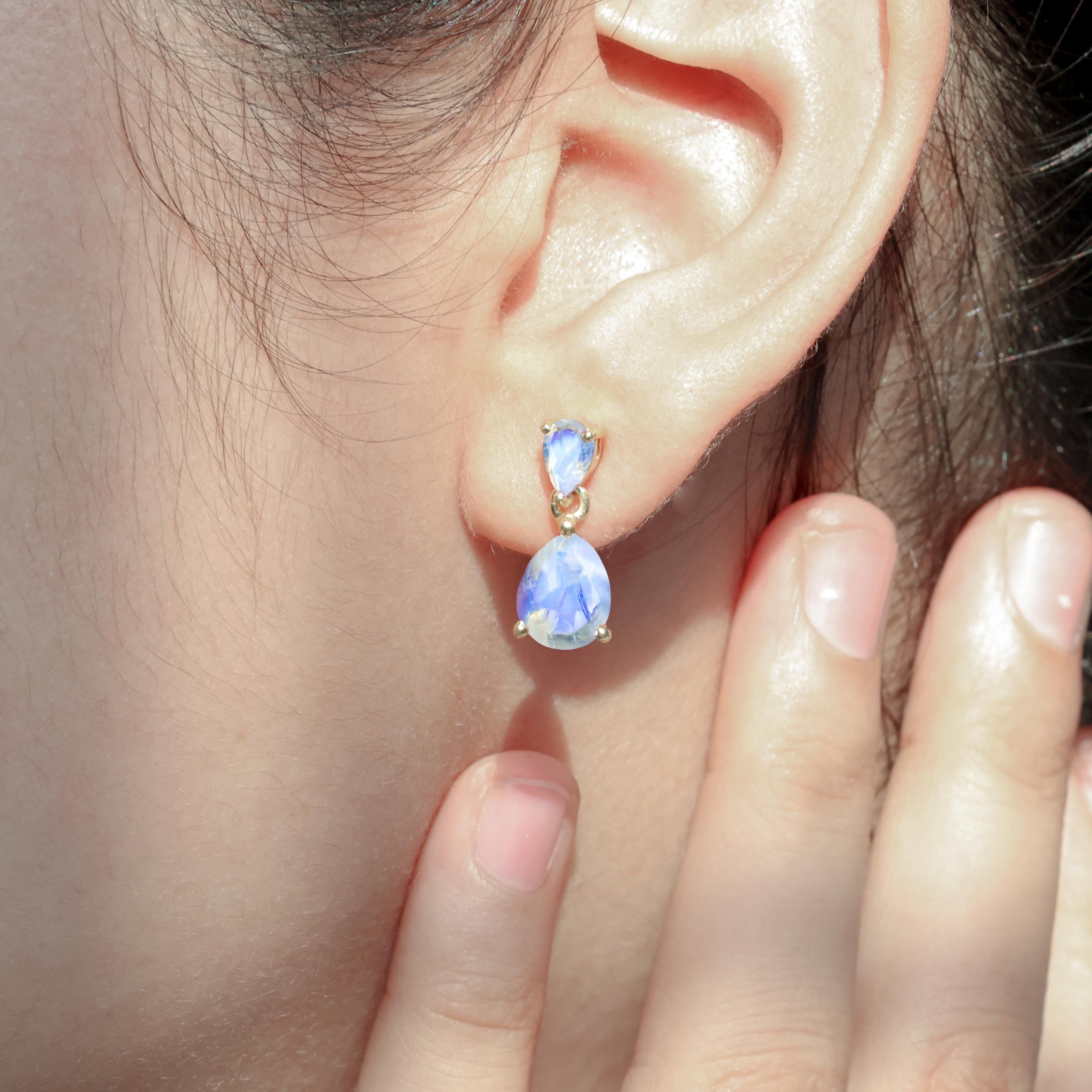 Rainbow Moonstone Pear Drop Stud Earrings for Women - Natural Gemstone Dangle Earrings for Everyday Wear & Special Occasions