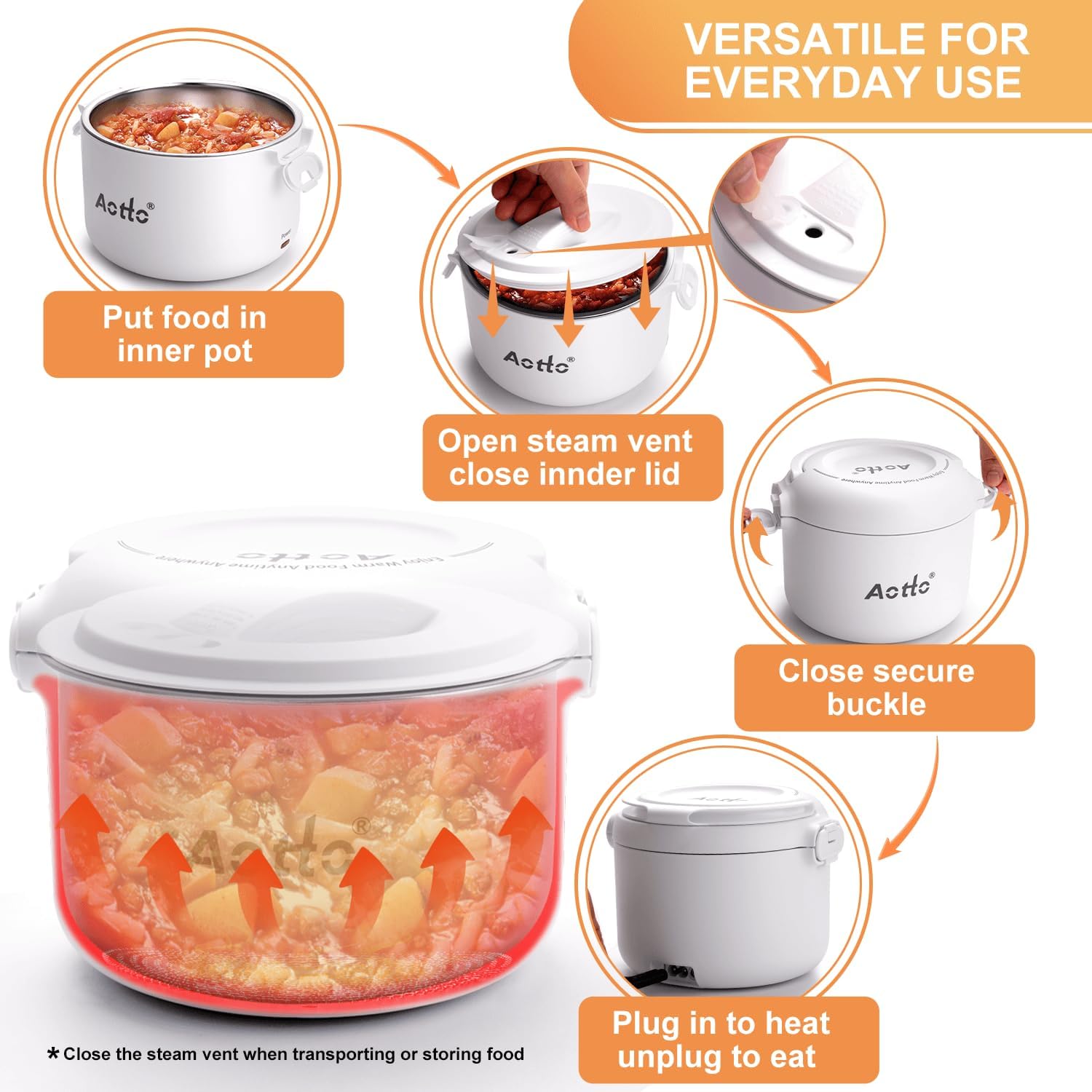 Aotto 32oz Electric Lunch Box - Portable Food Warmer for Office, Car & Travel - 12V/24V/110V 3-in-1 Heater - Keeps Meals & Soup Hot - Spill-Proof Design - Perfect Gift for Men & Women (White) - Ideal for Commuting, Road Trips & Workplace Lunch Breaks