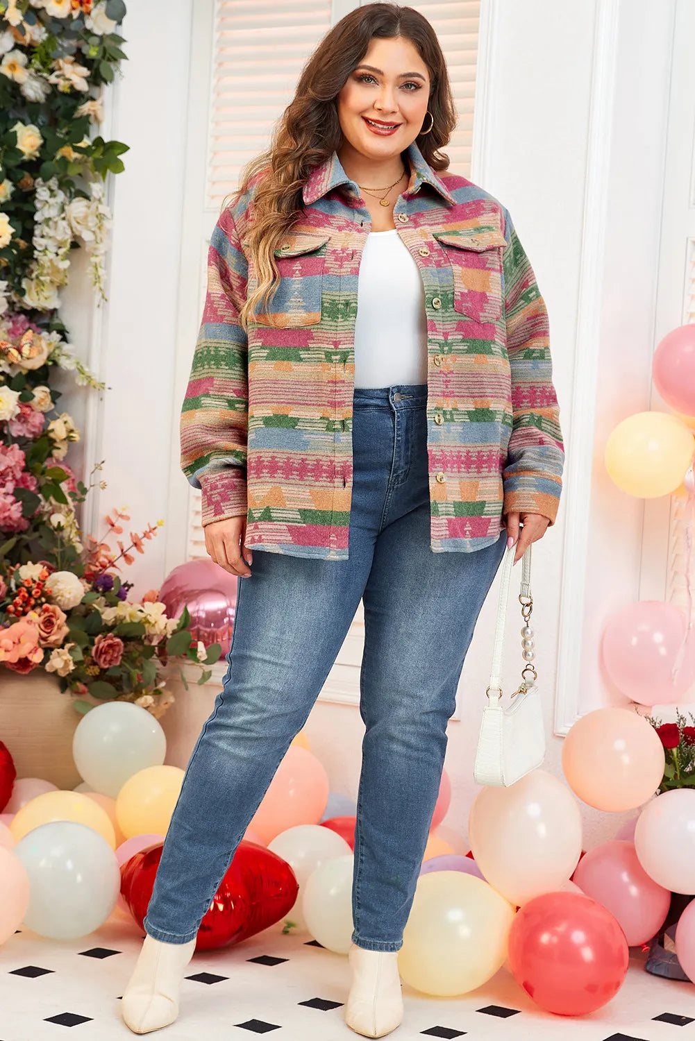 **Plus Size Women's Printed Collared Jacket with Pockets - Stylish & Comfortable for Work, Travel & Casual Outings**