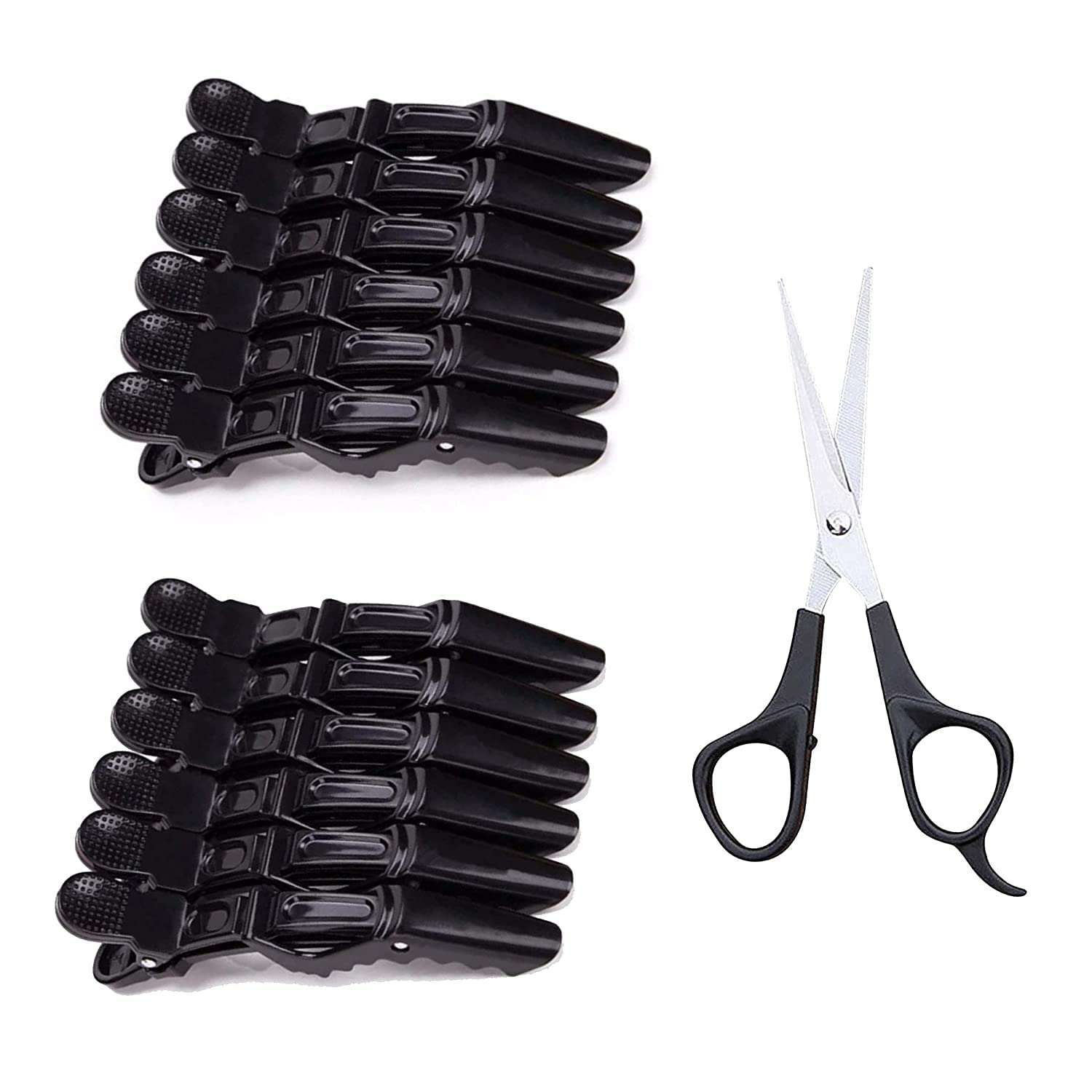 SIYAA 12-Piece Black Hair Sectioning Clips with Free Scissors - Professional Salon Hair Cutting Clips for Men & Women - Perfect for Styling, Coloring & Barbering at Home