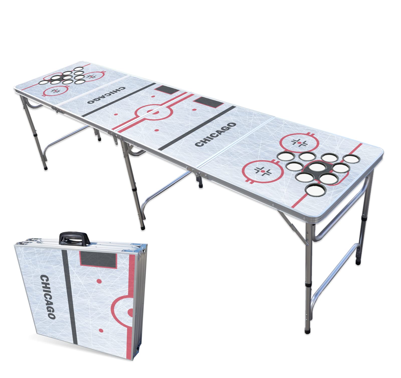 PartyPong 8-Foot Folding Portable Beer Pong Table with Optional Cup Holes & LED Lights - Chicago Hockey Rink Design - Perfect for College Parties, Tailgates & Outdoor Events (Choose Your Model)