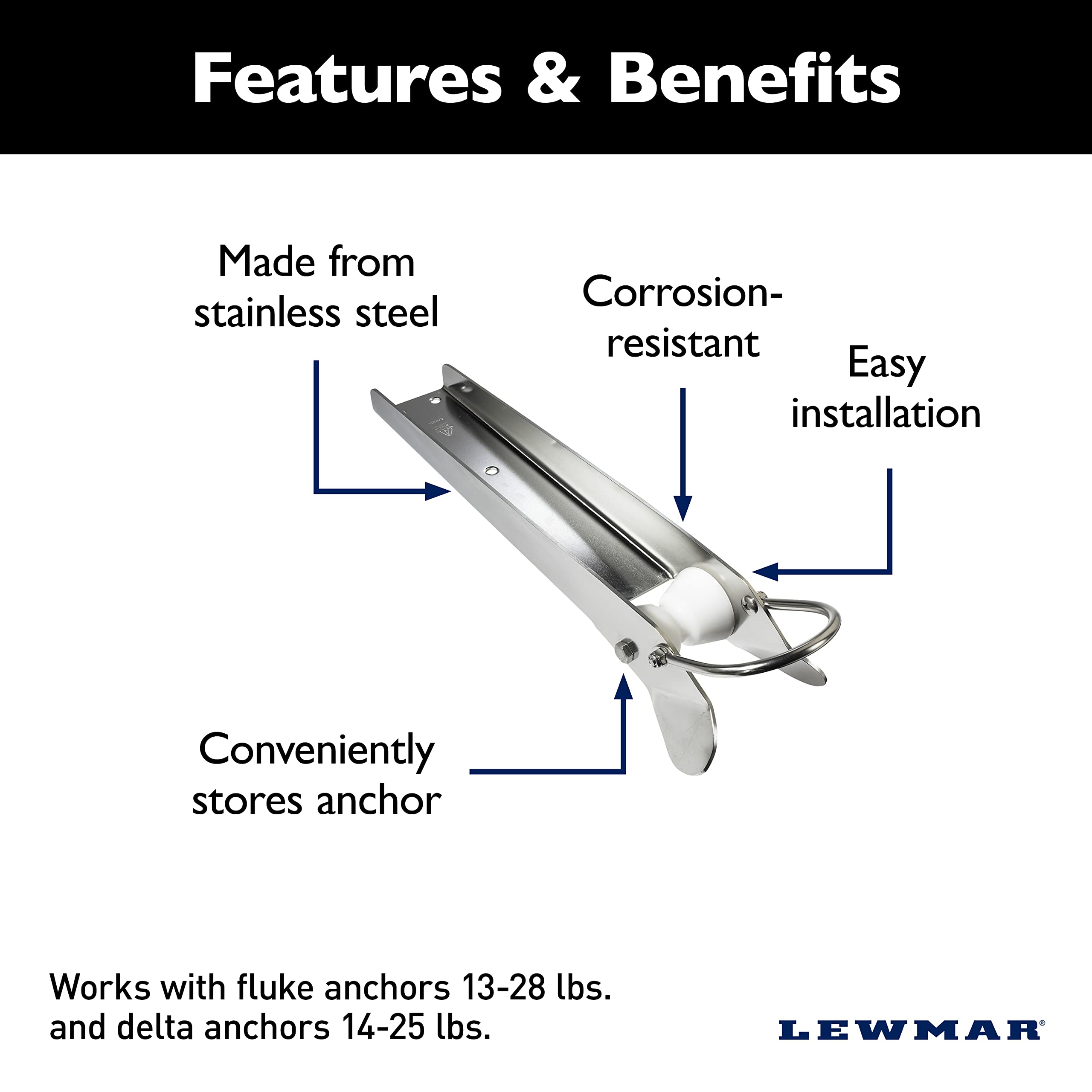 Lewmar Stainless Steel Bow Roller for Fluke Anchors 13-28 lbs & Delta Anchors 14-35 lbs - 5