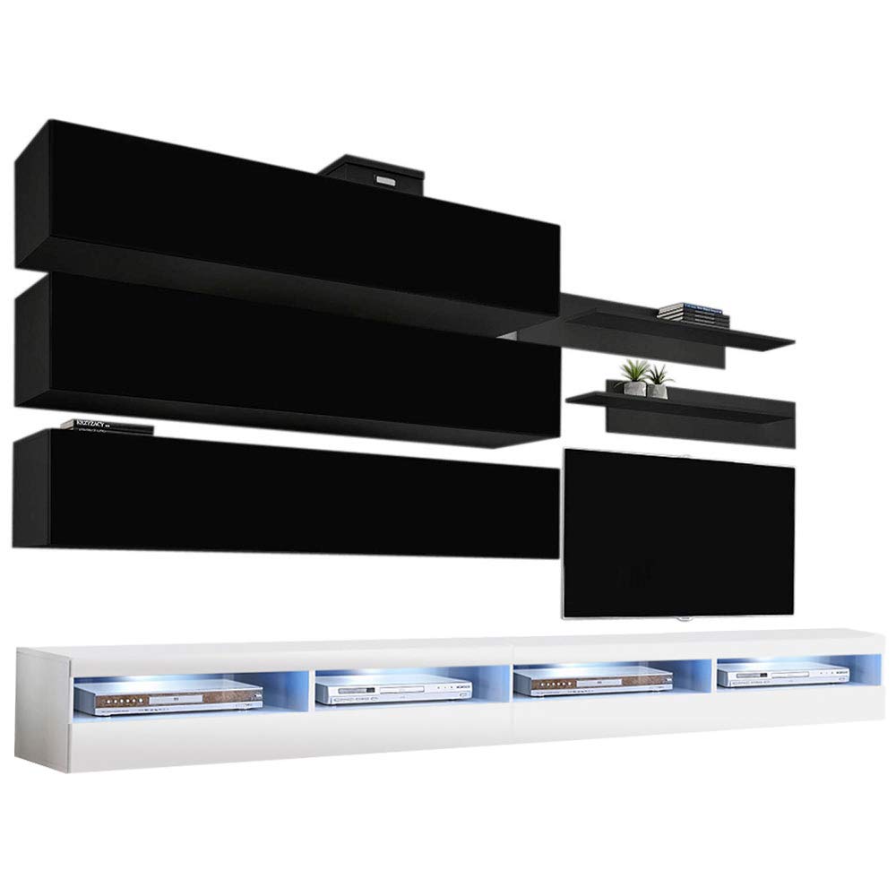 Modern Floating TV Stand with Storage & LED Lights - Wall-Mounted Entertainment Center for Bedroom & Living Room - Space-Saving Media Console with Shelves (Black/White) - Perfect for Small Apartments & Home Theater Setup