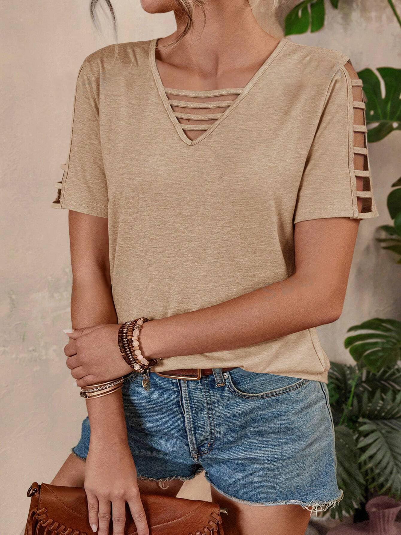 Women's V-Neck Loose Fit Hollow Out Short Sleeve T-Shirt - Breathable Summer Casual Top for Beach, Vacation & Daily Wear | Spring 2025 Fashion Trend