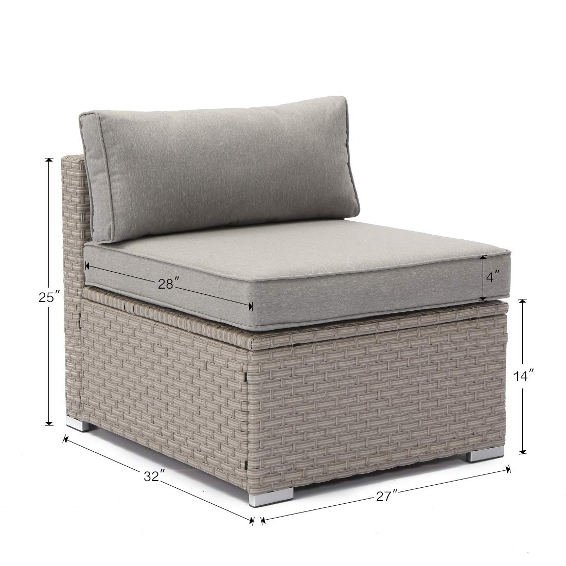 Outdoor Armless Chair for Wicker Sectional Sofa Set - Gray Thick Cushions & Floral Pillow | Patio, Garden, Poolside, Backyard Relaxation