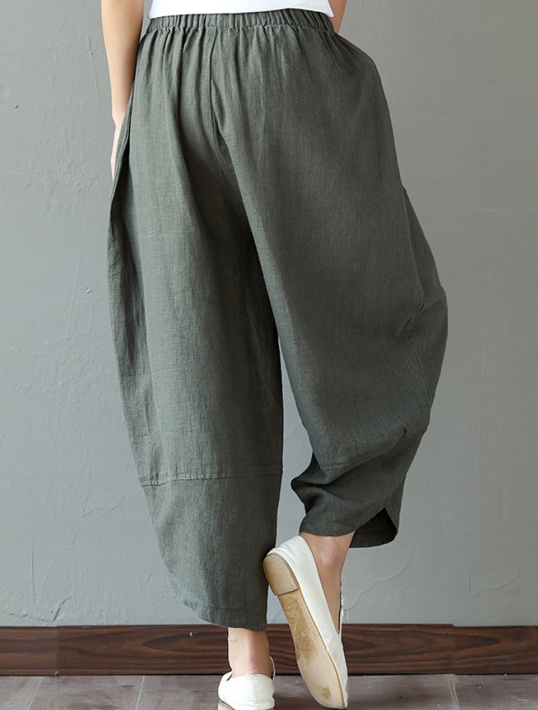 FTCayanz Women's Linen Wide Leg Pants - High Waisted Elastic Tapered Cropped Trousers for Summer | Casual Office Wear & Vacation Outfits