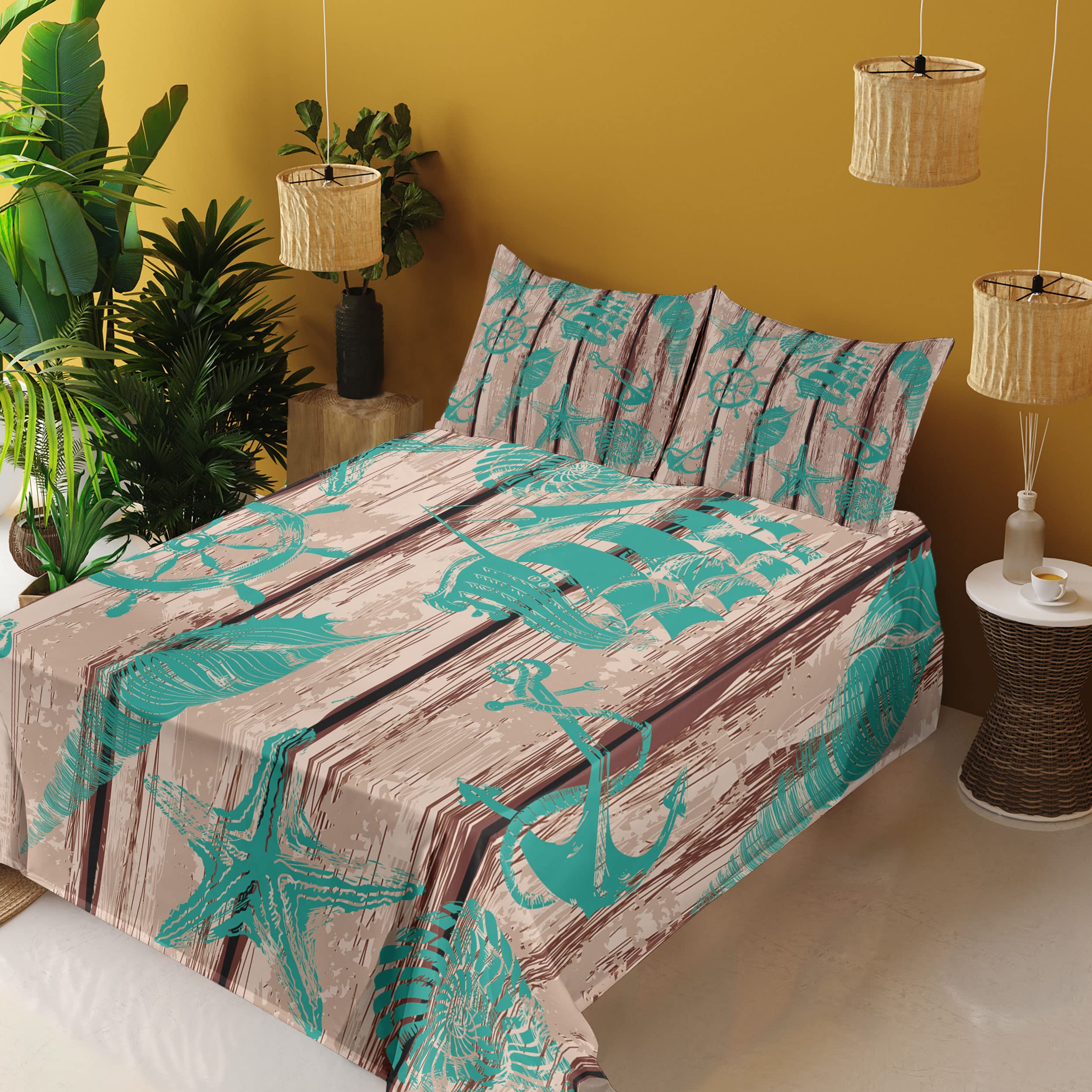 Ambesonne Nautical King Sheet Set - Marine Themed Bedding with Ship Wheel, Anchor, Shells & Starfish - 4 Piece Set Includes Fitted Sheet, Flat Sheet & 2 Pillowcases - Turquoise & Brown - Perfect for Beach House, Coastal Decor or Nautical Theme Bedroom