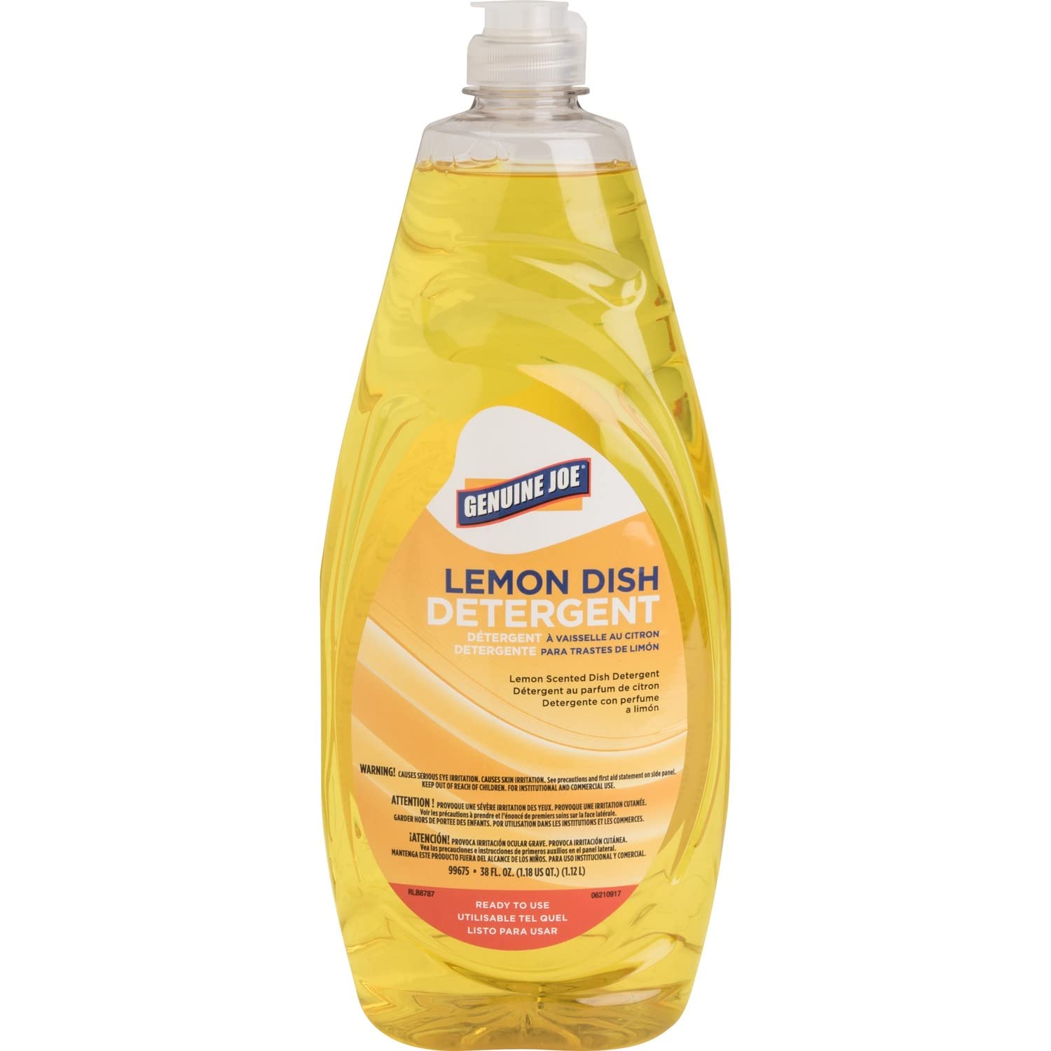 Genuine Joe 99675 Concentrated Lemon Dish Detergent for Pots & Pans - 38 oz Yellow Bottle | Heavy-Duty Kitchen Cleaning, Grease Removal & Dishwashing