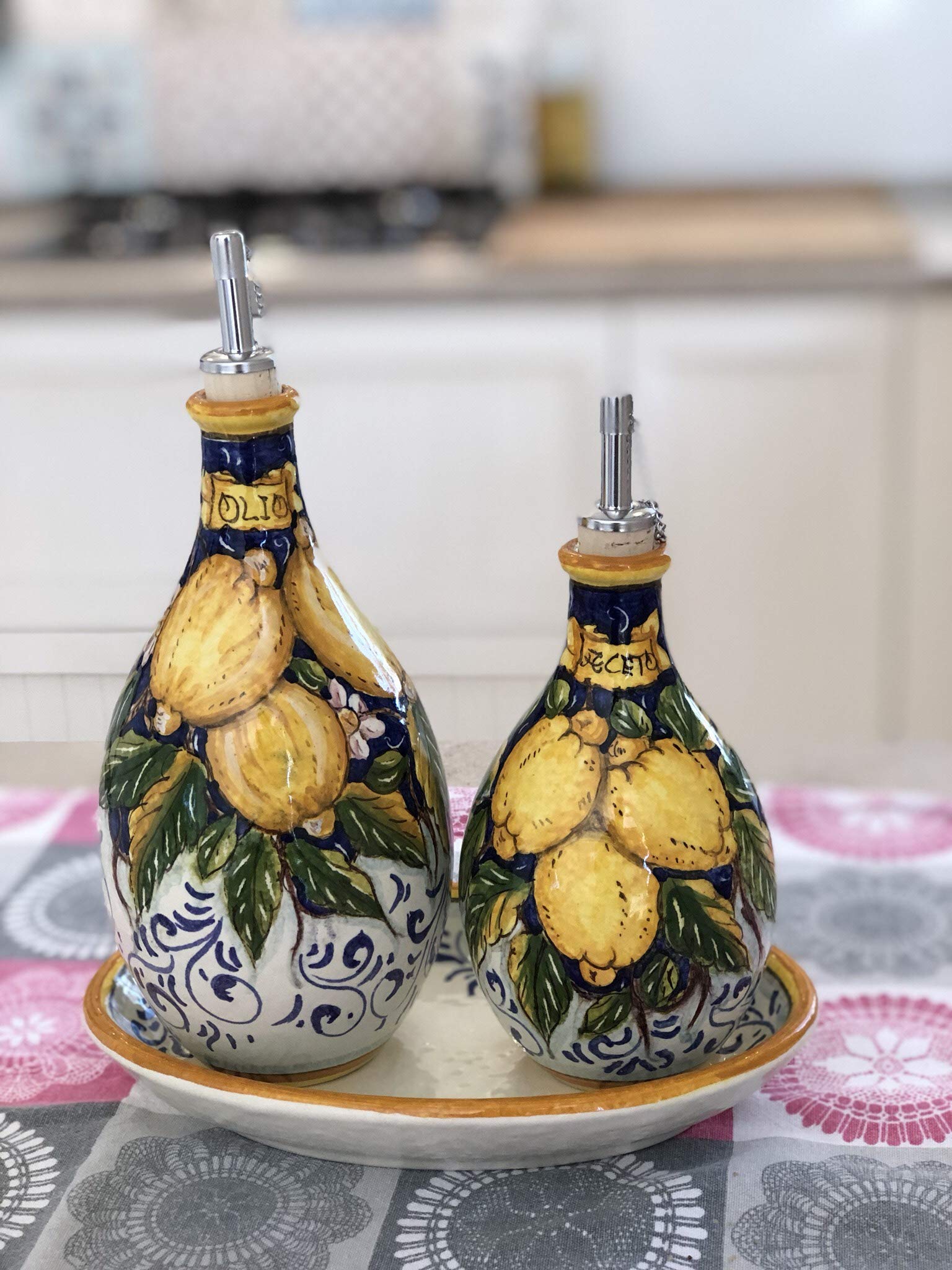 Italian Hand-Painted Ceramic Oil & Vinegar Cruet Set - Tuscan Lemon Decor, Artisanal Pottery from Italy | Perfect for Kitchen, Dining Table & Gift Giving