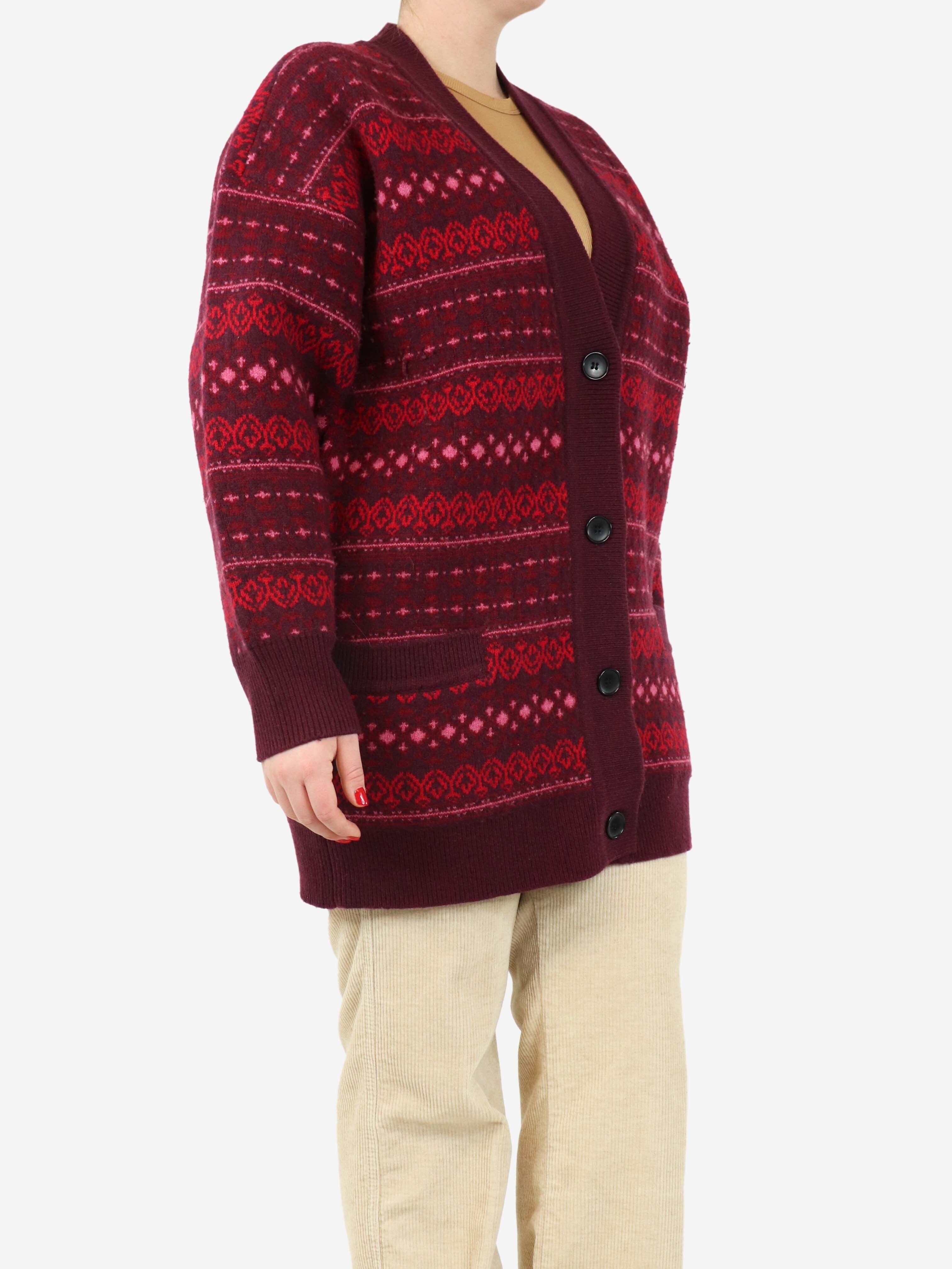 Burgundy Fair Isle Wool Cardigan for Women - UK Size 12 | Warm Winter Knit Sweater for Holiday Parties & Casual Outfits