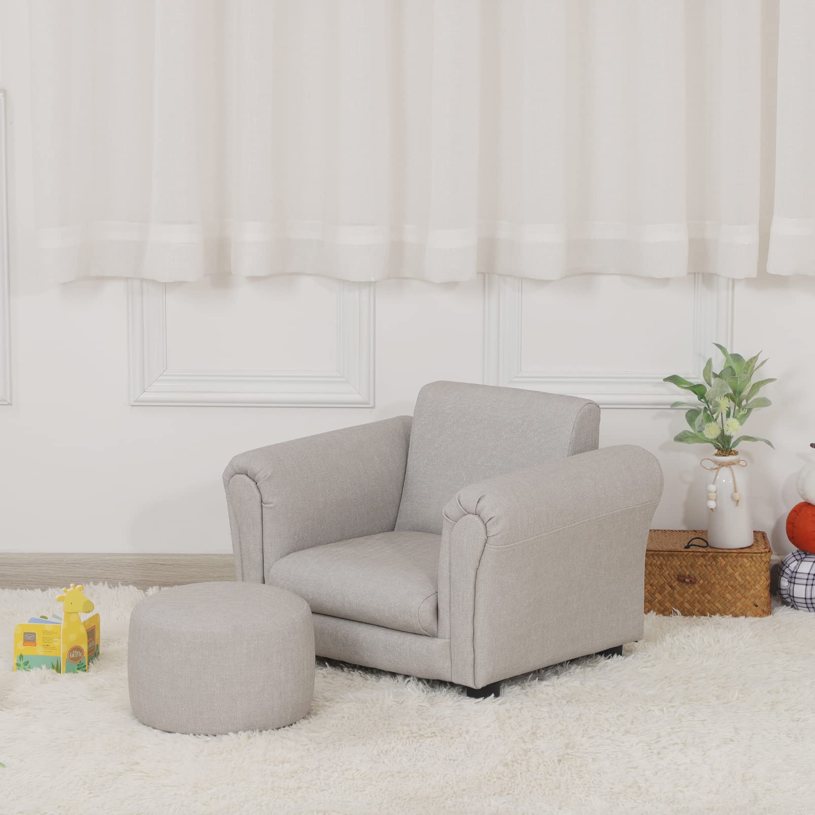 Getifun Kids Sofa Chair with Footstool - PVC Leather Toddler Armchair with Sturdy Plastic Legs, Light Gray Upholstered Couch for Children Under 4 Years | Perfect for Playrooms, Bedrooms & Daycare Centers