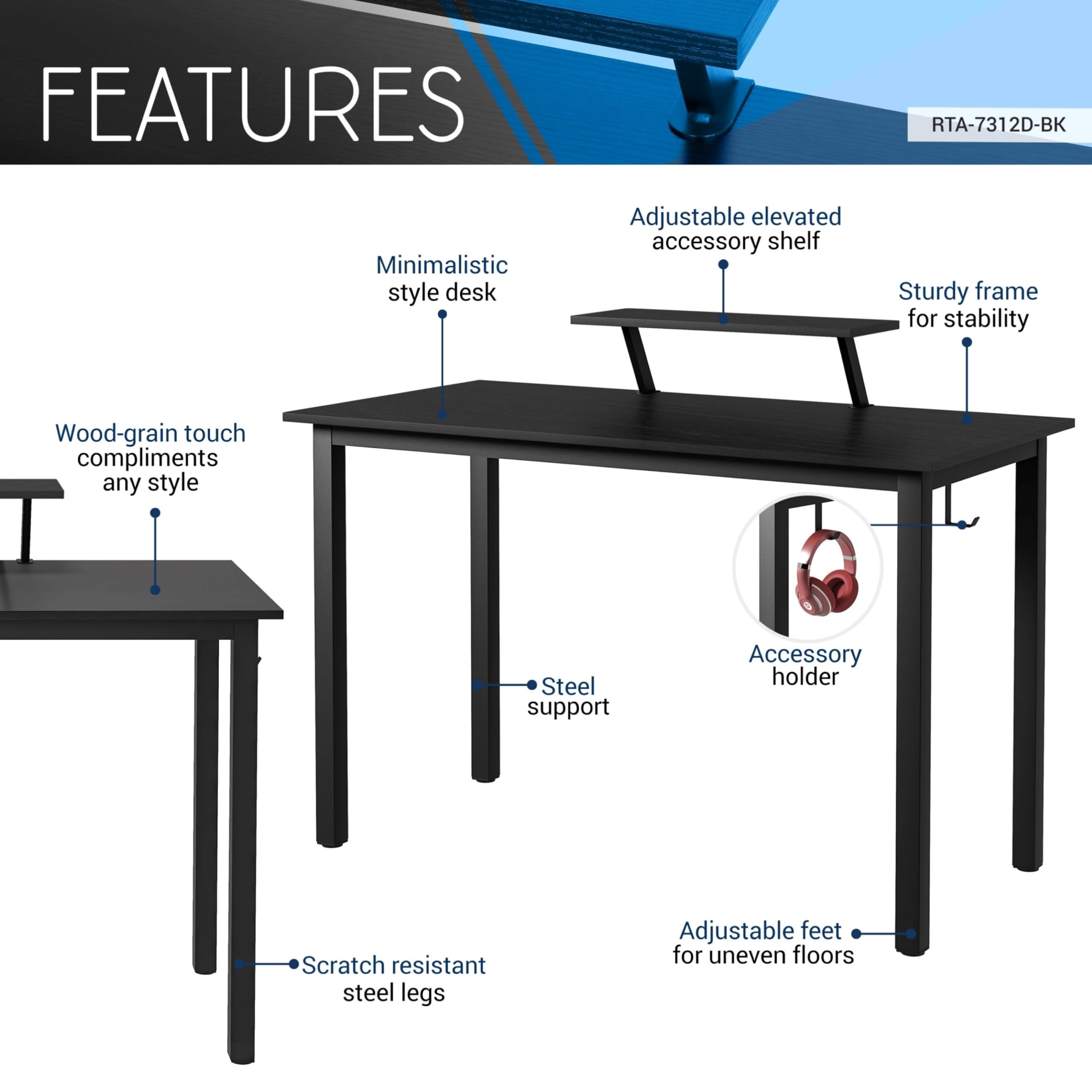 Techni Mobili Industrial Minimalist Writing Desk - Adjustable Storage Shelf & Accessory Holder - Engineered Wood & Powder Coated Steel Frame Computer Study Desk - Perfect for Home Office, Small Spaces & Modern Workspaces (Black)