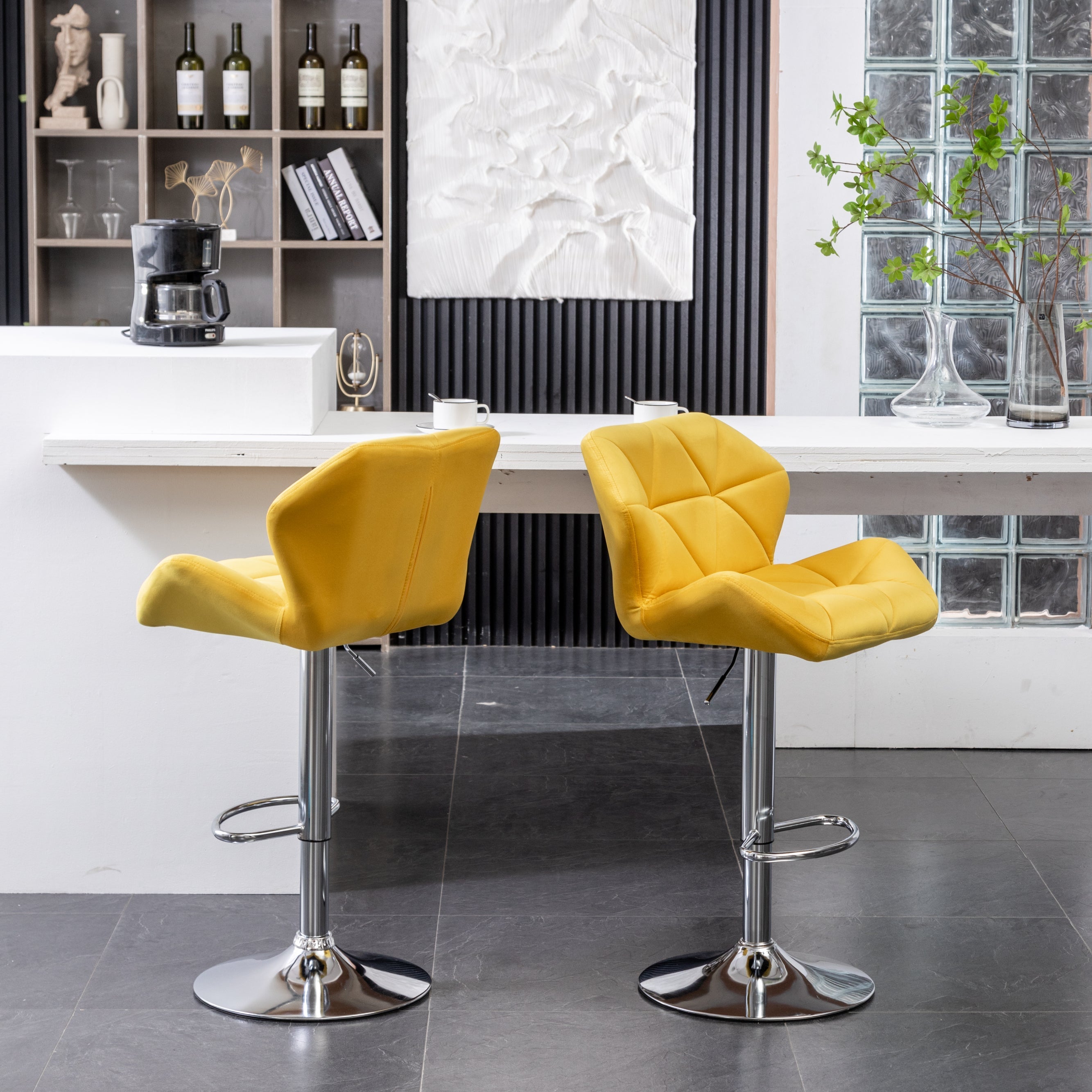 Roundhill Furniture Breni Velvet Diamond Tufted Swivel Adjustable Height Bar Stool - Yellow (Set of 2) - Perfect for Kitchen Island, Home Bar & Breakfast Nook