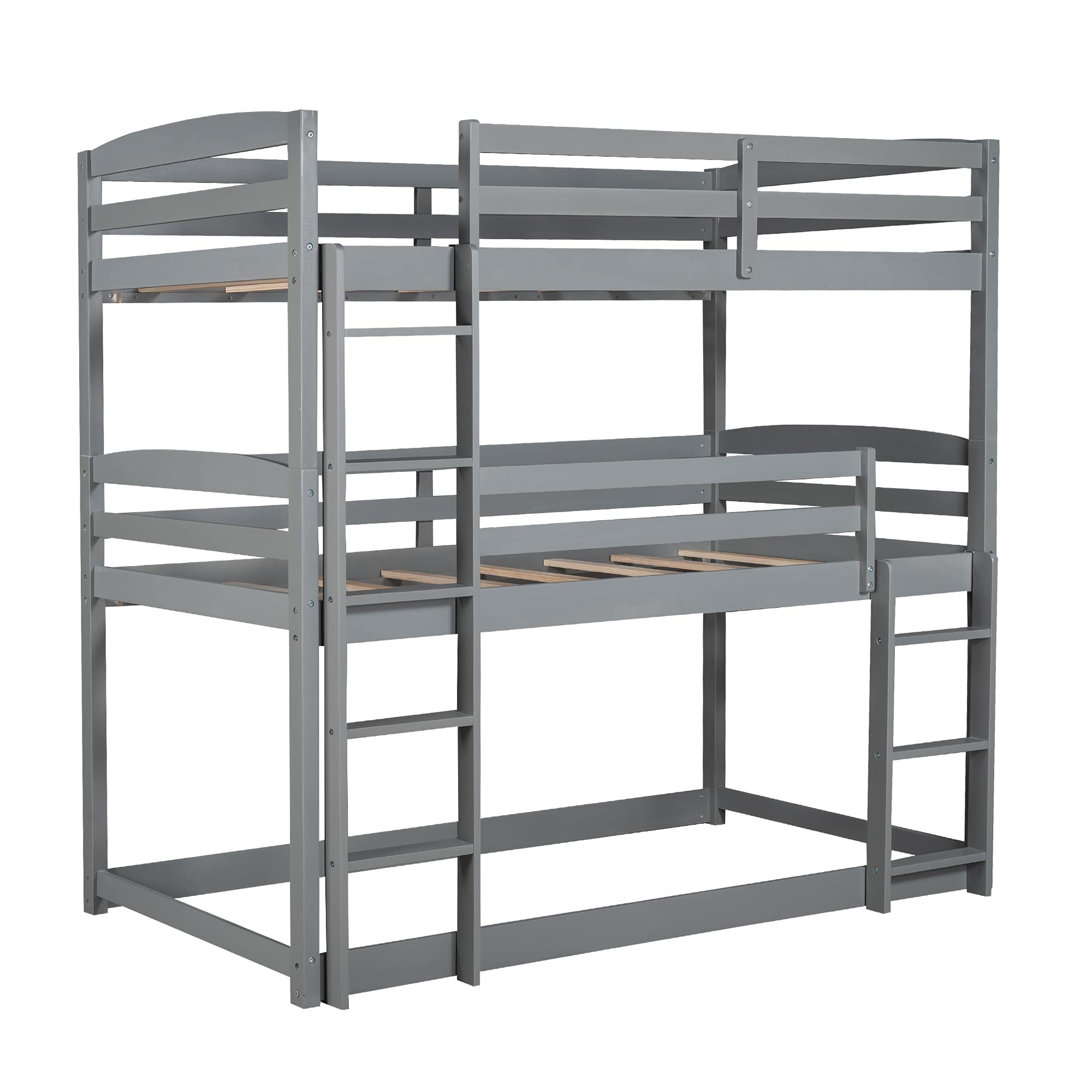 Solid Wood Triple Bunk Bed for Kids - Twin Over Twin Over Twin Bunk Bed Frame with 2 Built-in Ladders & Safety Guardrail - Converts to Twin Bunk Beds or Loft Bed - Space Saving Kids Bedroom Furniture for Small Rooms, Shared Bedrooms & Vacation Homes (Gray)
