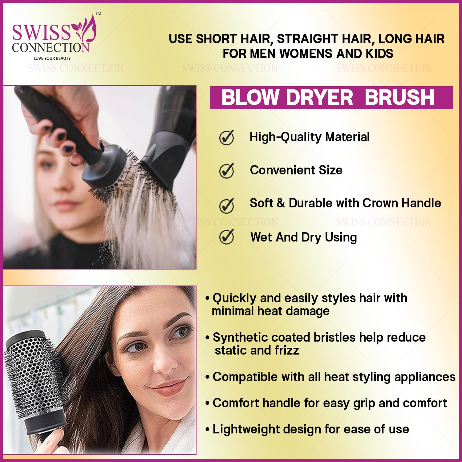 Swiss Connection Blow Dryer Hair Brush - Professional Styling Tool for Smoothing, Curling & Volumizing Hair | Lightweight & Durable for Wet & Dry Hair | Perfect for Men & Women at Home or Salon (1 Pack)