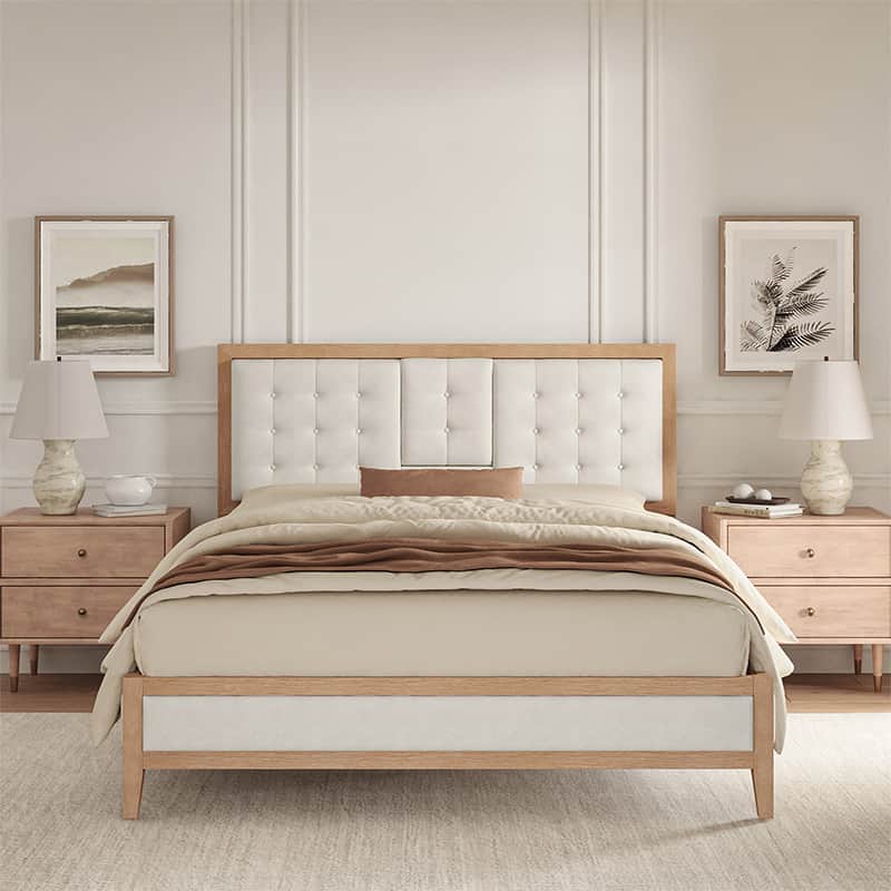 Sabina Upholstered Platform Bed with Adjustable Headboard - Solid Wood Frame Queen Size Bed - Perfect for Modern Bedroom, Guest Room & Master Suite