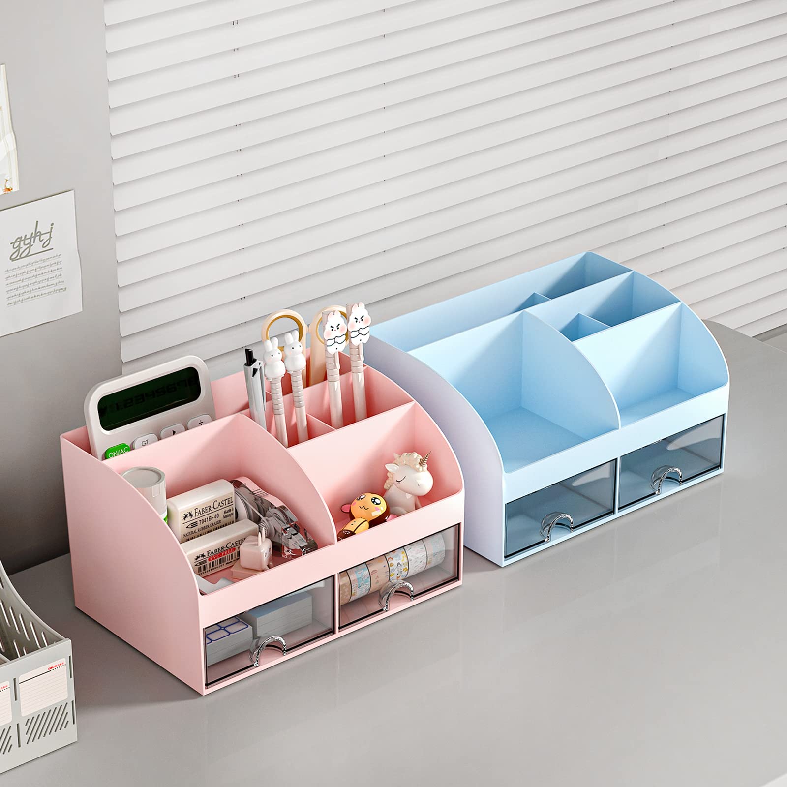 6-Compartment Plastic Desk Organizer with 2 Drawers - Pink Makeup & Pen Holder for School, Home & Office - Perfect for Desktop Storage & Organization (Ideal for Cosmetics, Stationery & Office Supplies)