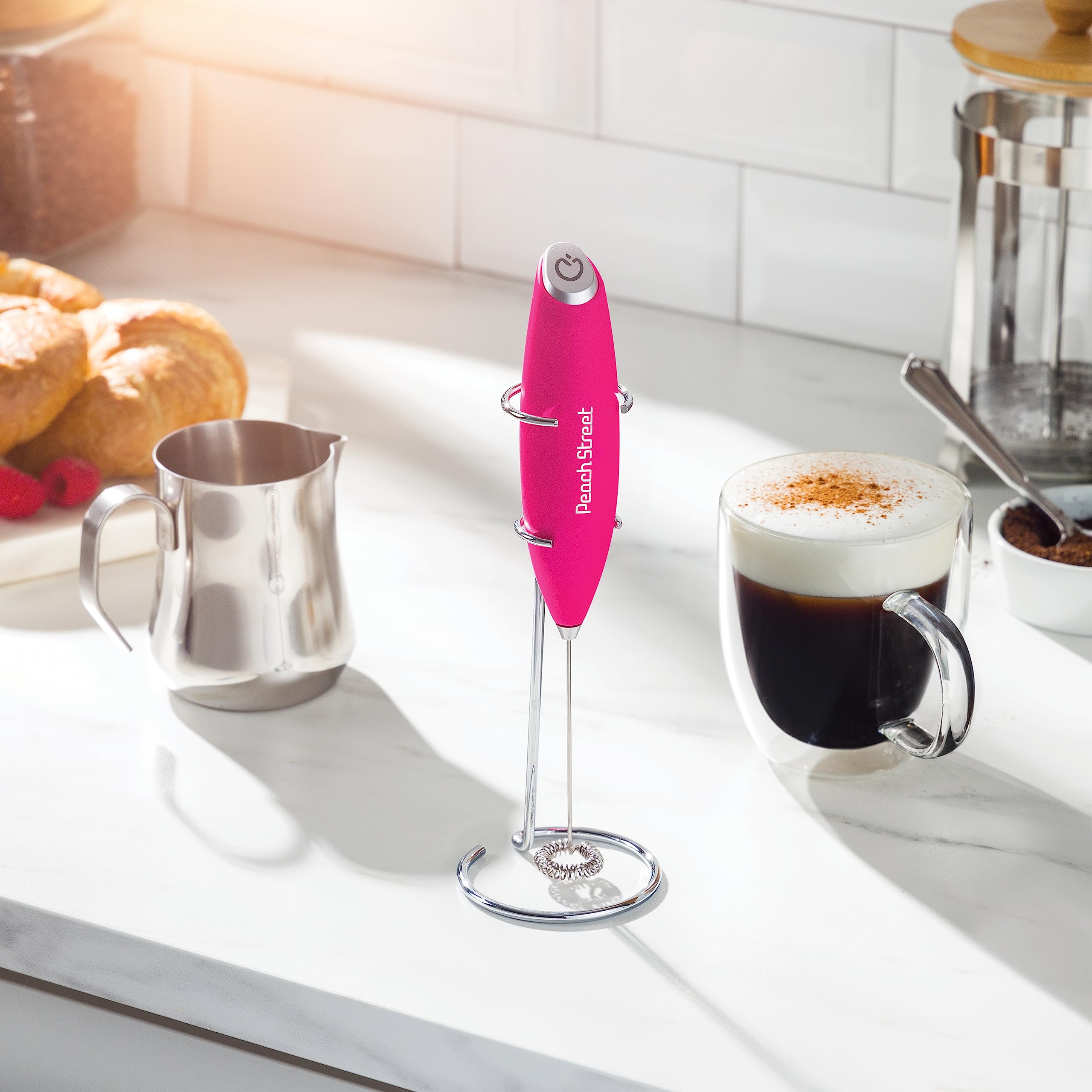 Premium Handheld Milk Frother - Stainless Steel Battery Operated Drink Mixer for Coffee, Lattes & Cappuccino | Portable Mini Milk Foamer with Stand | Perfect for Frappe, Matcha & Hot Chocolate at Home, Office or Cafe