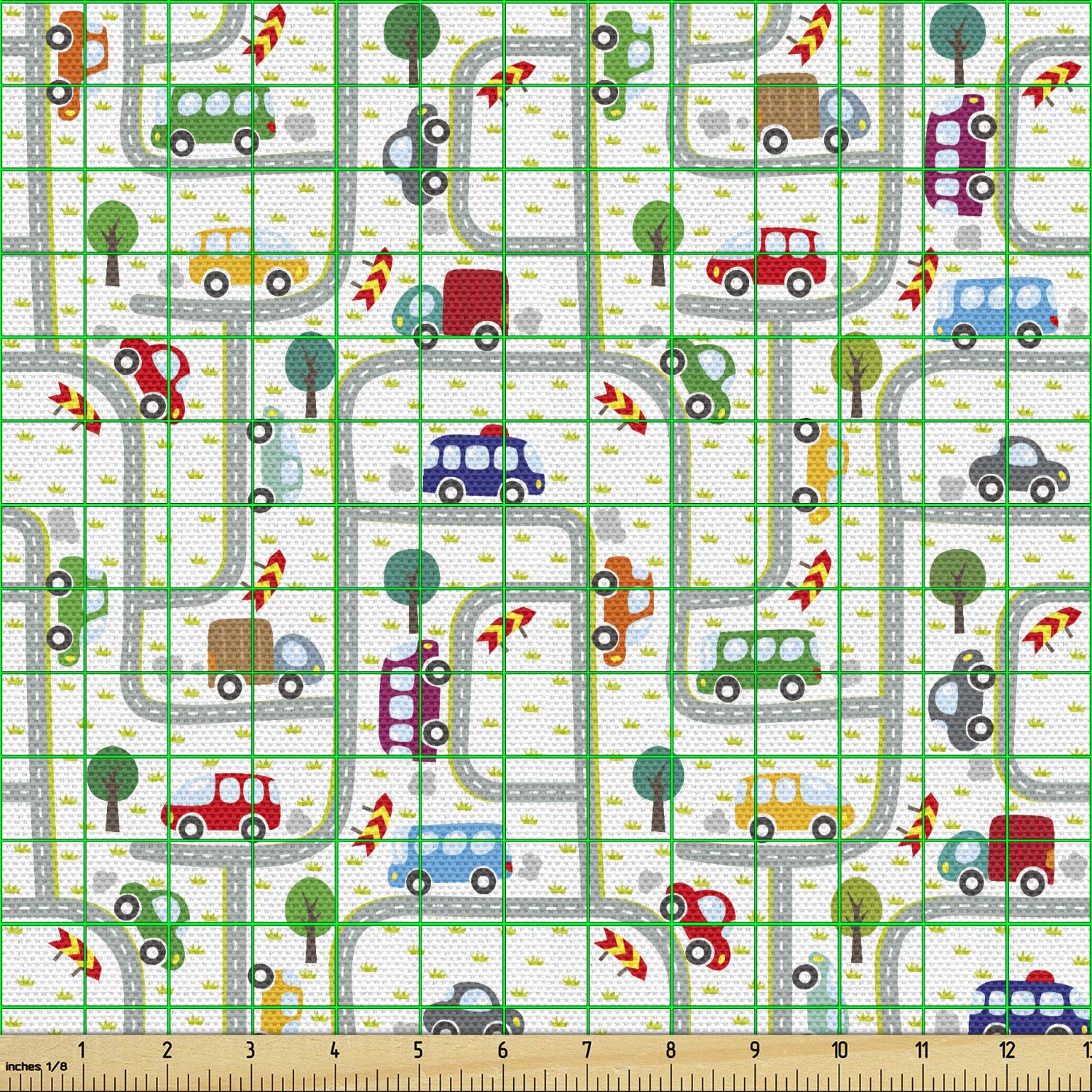 Ambesonne Cars Fabric by The Yard - Vibrant Urban Traffic Design with Driving Cars, 10 Yards Gray Green Upholstery Material for Sofa, Curtains & Home Decor | Perfect for DIY Projects, Car Themed Bedrooms & Automotive Decor