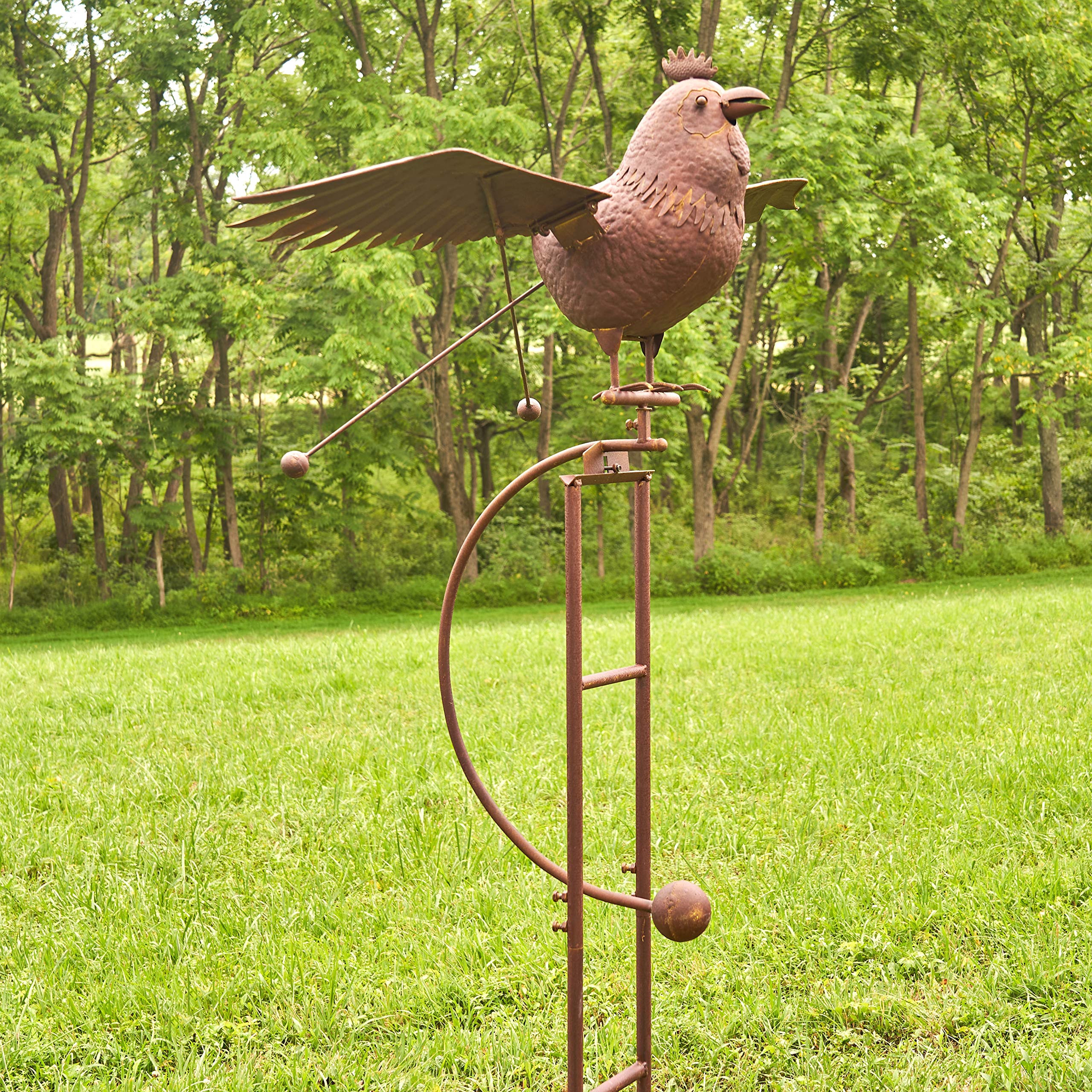 Large Rocking Animal Garden Stakes with Flapping Wings - Rust Brown Rooster Decoration for Outdoor Yard, Patio & Flower Beds
