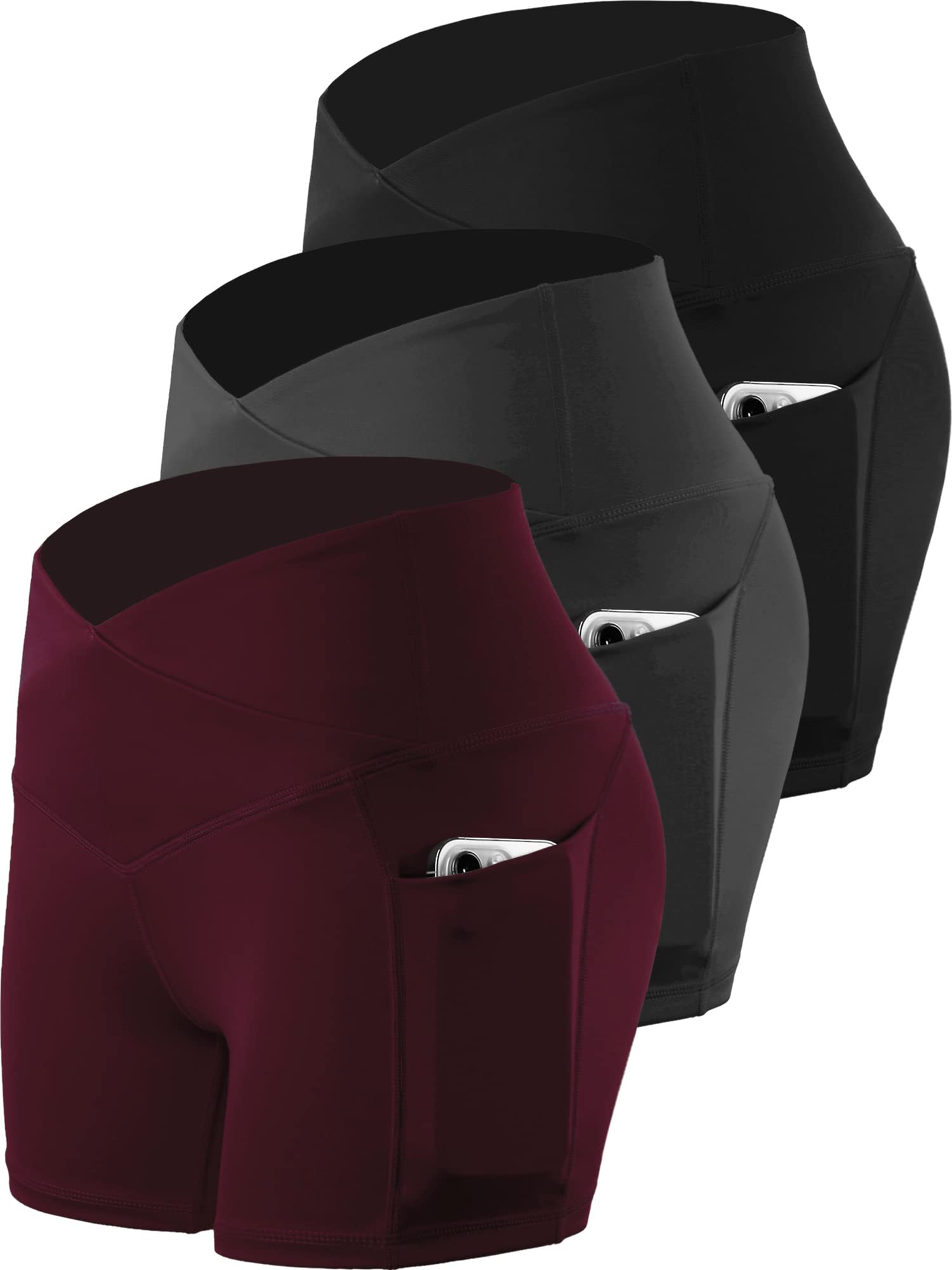 CADMUS 3 Pack Women's High Waisted Yoga Shorts - Spandex Workout Biker Shorts with Deep Side Pockets for Running, Gym & Lounge Wear