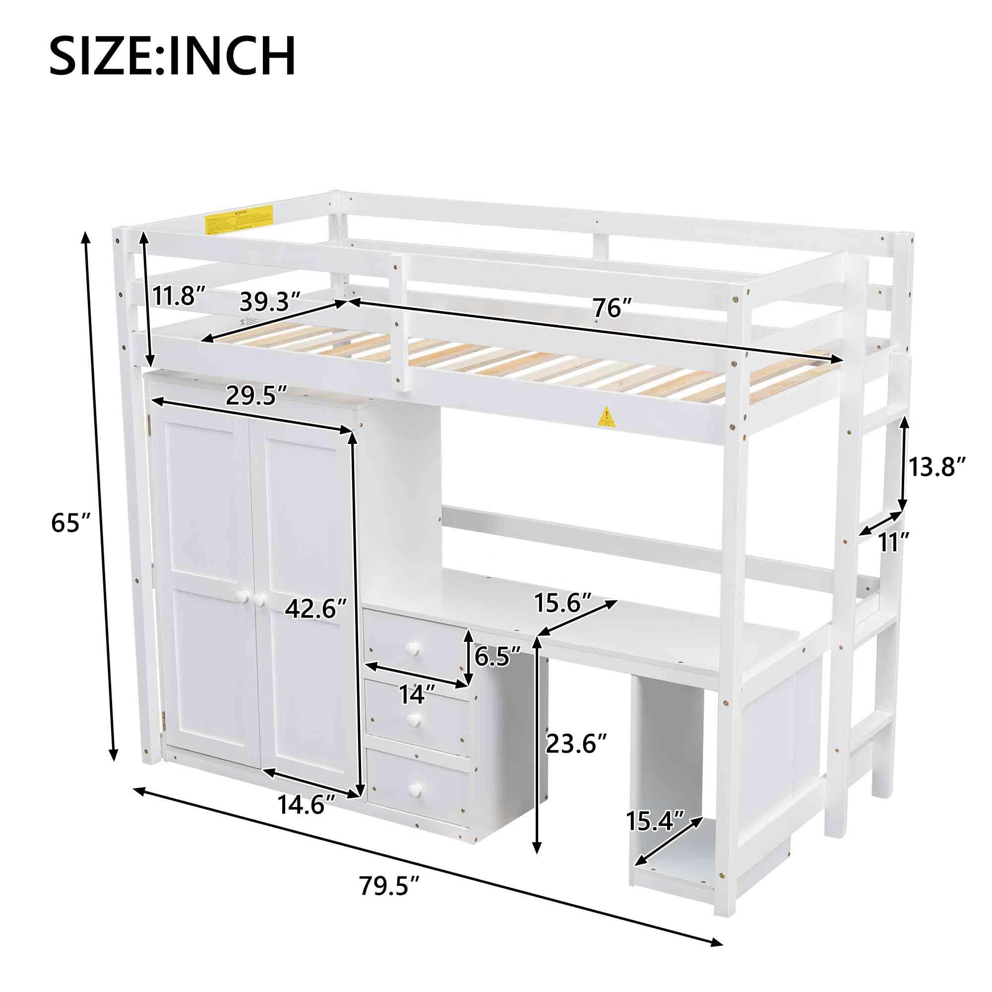 ATY Twin Size Loft Bed with Wardrobe & 3 Drawers - Solid Wood Bed Frame with Built-in Desk & Computer Space - Multifunctional Kids Bedroom & Dorm Furniture - No Box Spring Needed - White - Perfect for Small Spaces, Teen Rooms & College Dorm Organization