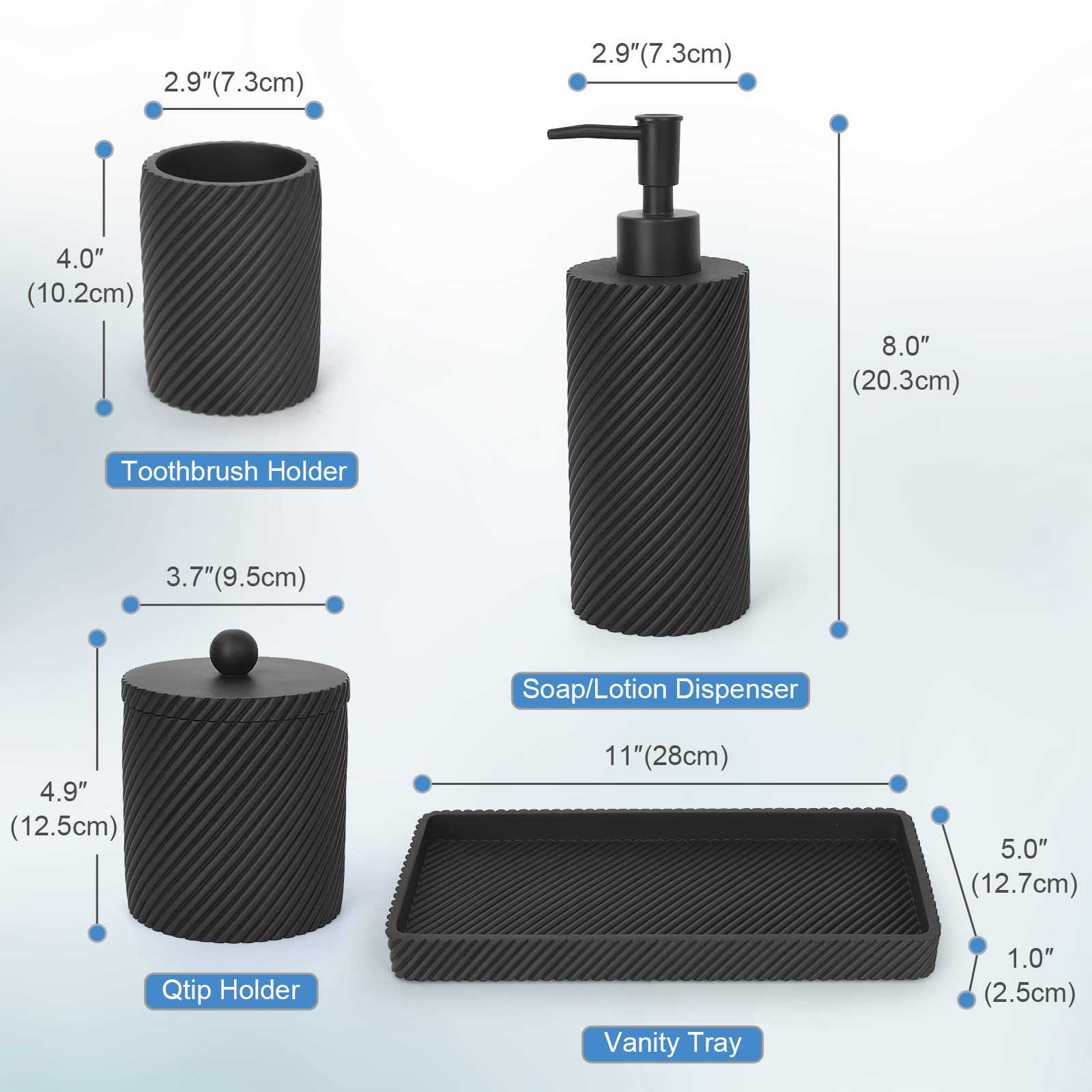 4-Piece Black Bathroom Accessories Set - Toothbrush Holder, Soap Dispenser, Q-Tip Holder & Vanity Tray | Modern Countertop Organizer for Bathroom Decor | Perfect for Master Bath, Guest Bath & Apartment Vanities