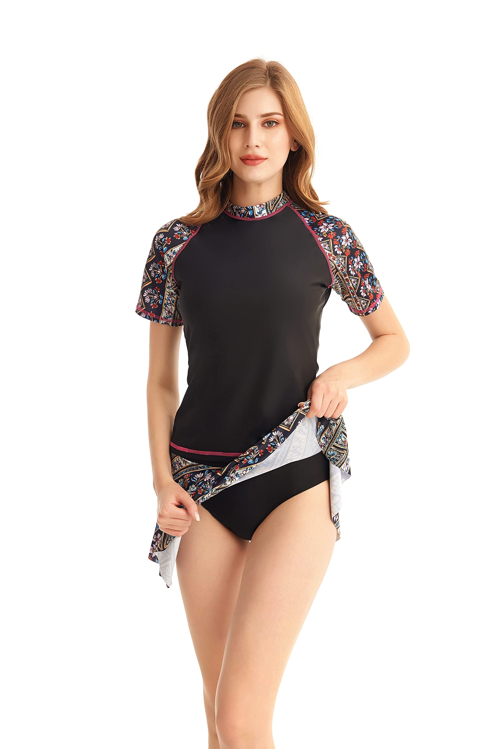 Women's Floral Print Tankini Top with Swim Skirt - 2 Piece Short Sleeve Swimsuit Set for Beach, Pool & Vacation | Plus Size Swimwear Options Available