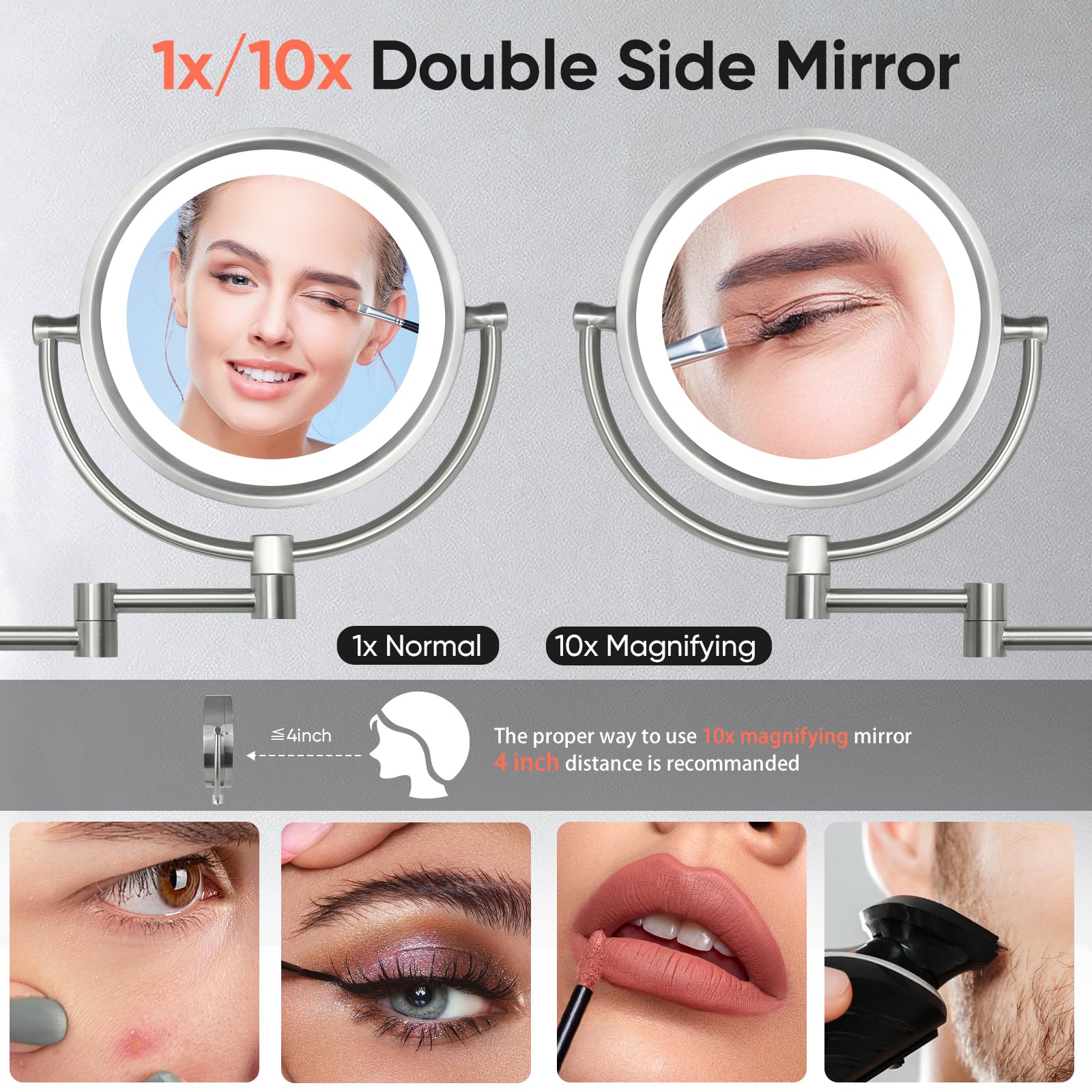GURUN 8.5 Inch LED Lighted Wall Mount Makeup Mirror with 10x Magnification - Hardwired Nickel Finish Vanity Mirror for Bathroom, Bedroom & Dressing Room