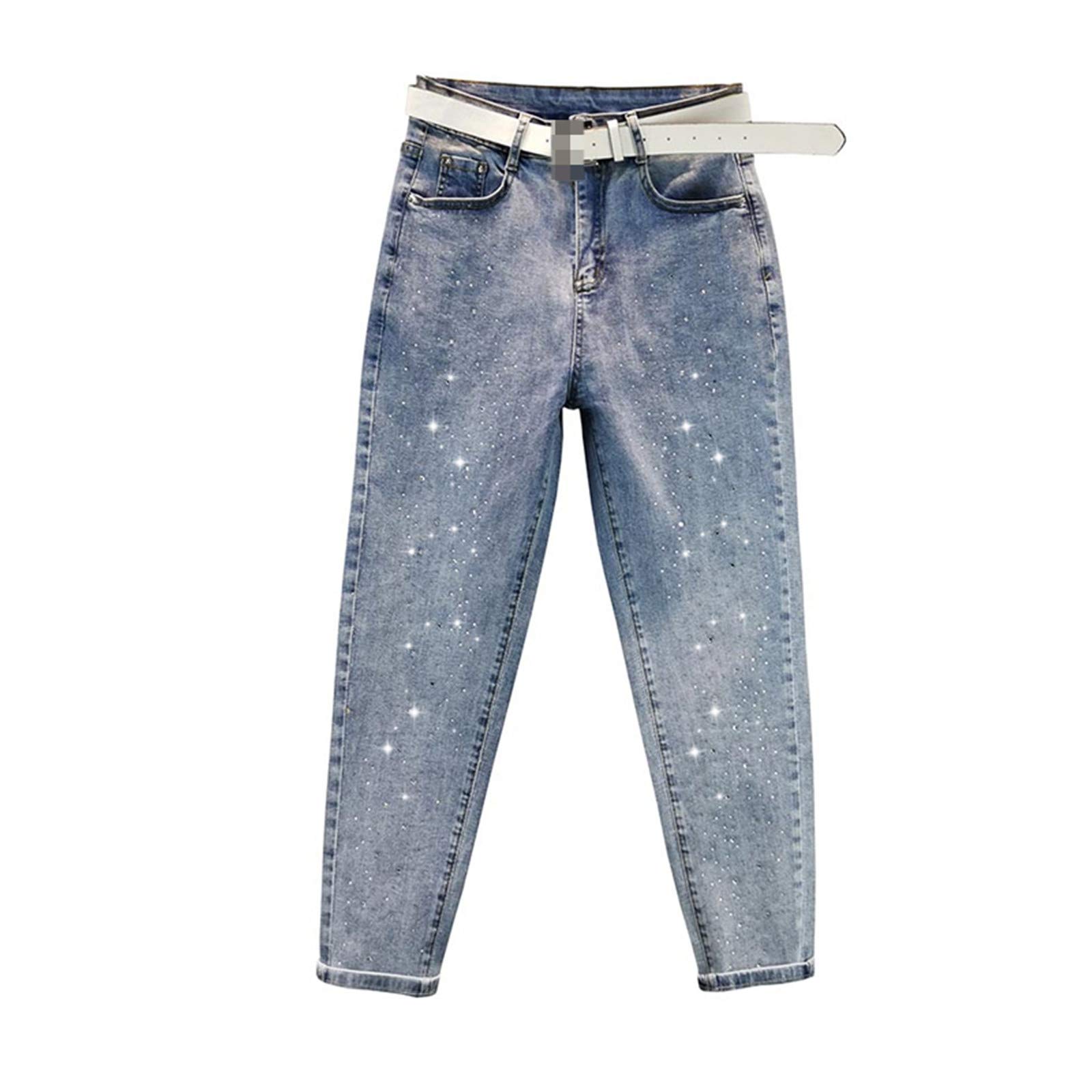 MNXOIA Rhinestone Blue Jeans for Women - High Waist Spring Jeans, Loose Cropped Light Blue Pants | Streetwear, Casual Outfits, Student Fashion | Perfect for Daily Wear, Shopping, and Campus Style