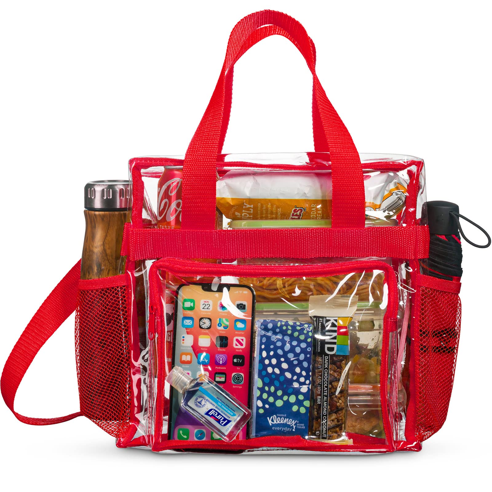 SP HOME GOODS Clear Stadium Approved Lunch Bag with Adjustable Strap - Red Insulated Tote with Front Storage & Mesh Pockets for School, Work, Picnics & Outdoor Events