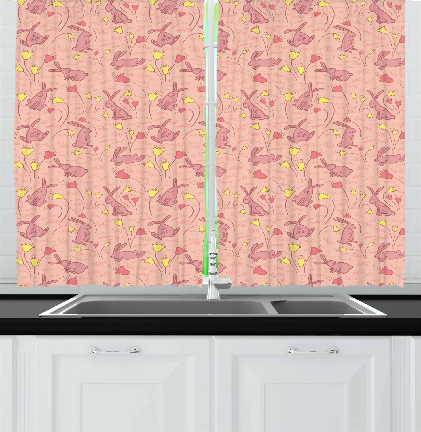 Ambesonne Bunny Floral Kitchen Curtains - Pastel Spring Animal & Flower Print, Rod Pocket Drapes for Windows, 55