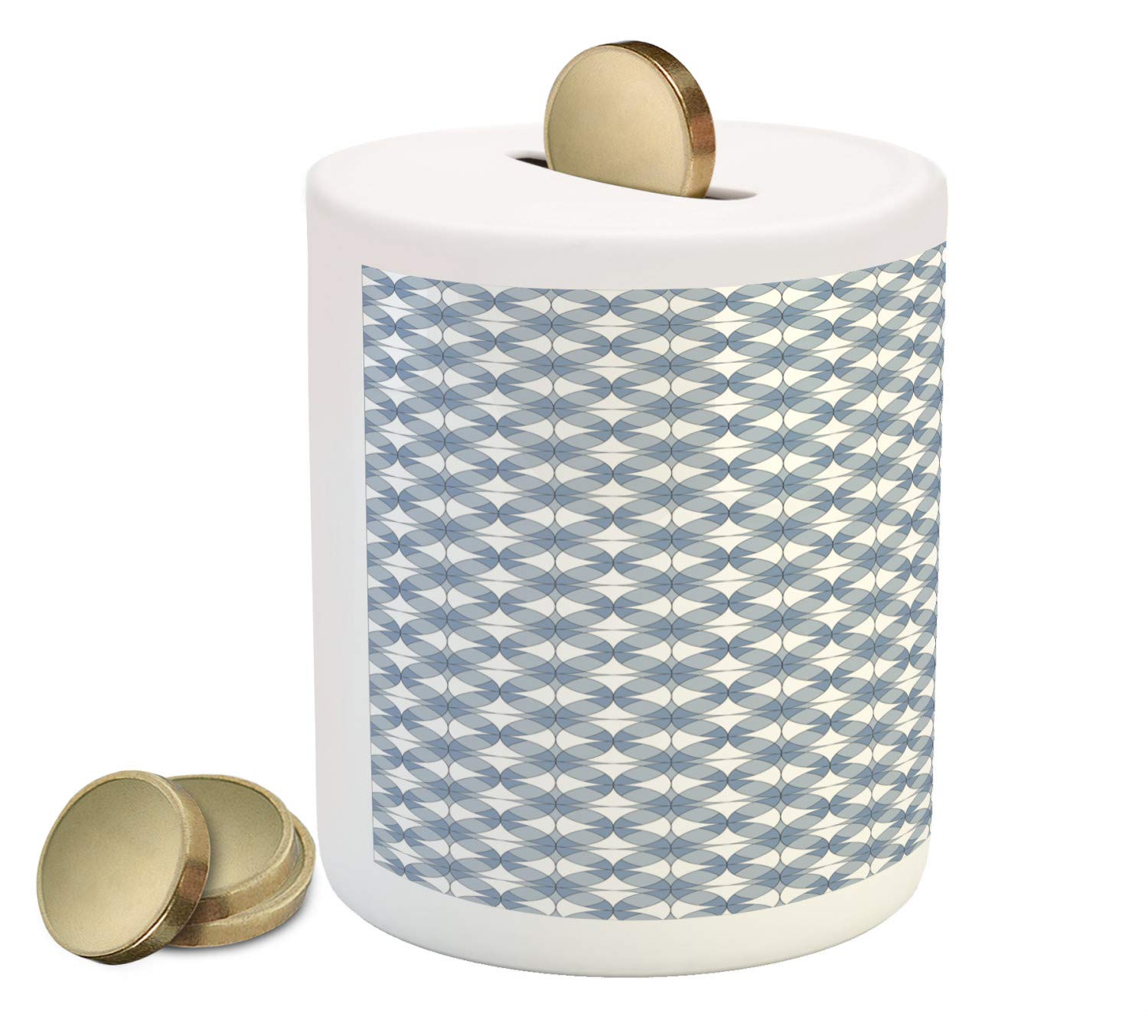 Ambesonne Geometric Ceramic Piggy Bank - Modern Abstract Optical Pattern with Entwined Circular Shapes, Slate Blue & White Money Box for Cash Savings | Perfect for Kids' Allowance, Coin Collection & Home Decor