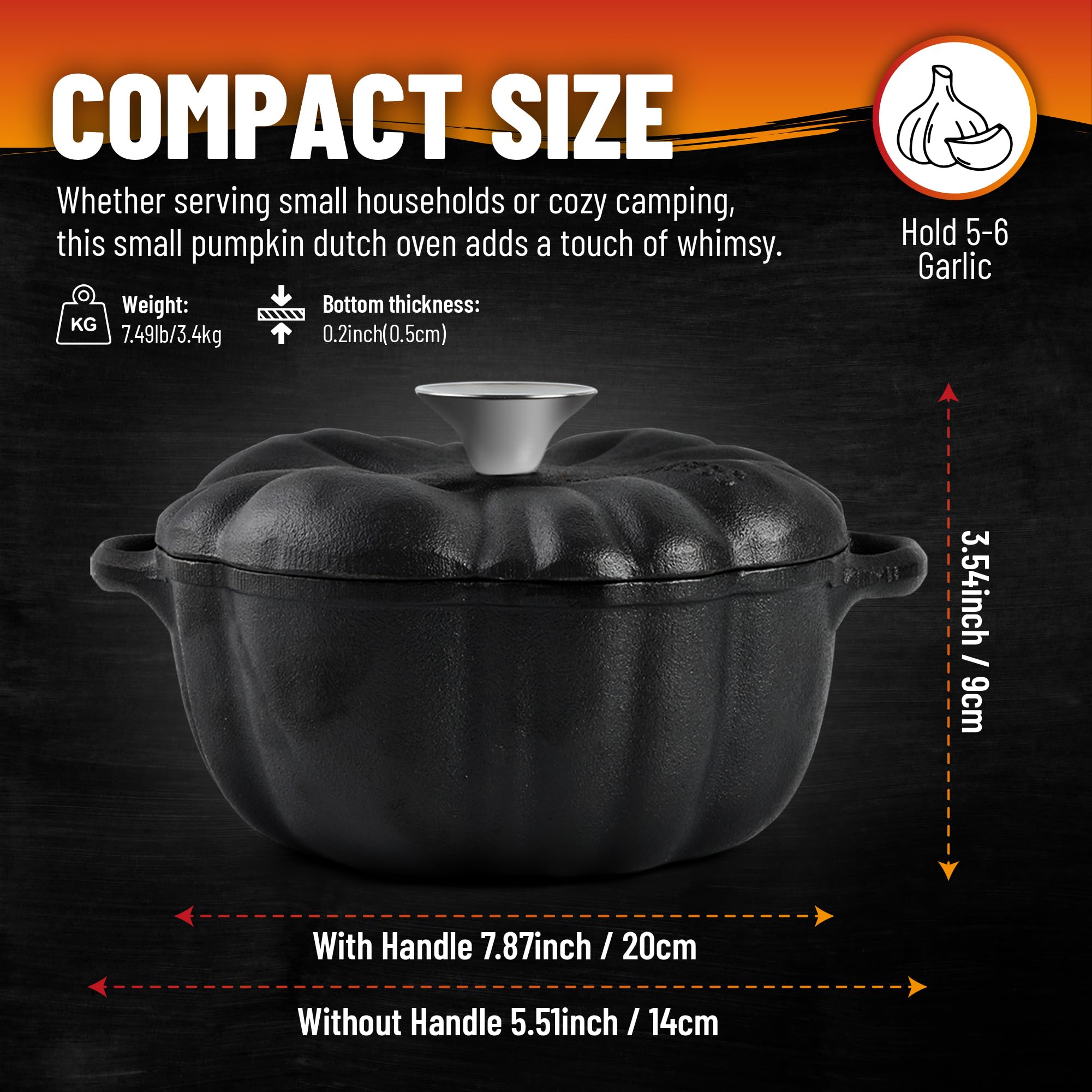 SOBEIT 1.68 Quart Pre-Seasoned Cast Iron Dutch Oven with Lid - Mini Pumpkin Shaped Pot for Baking, Roasting, Stewing & Serving | Perfect for Garlic Bread, Casseroles, Camping & Kitchen Decor (Black)