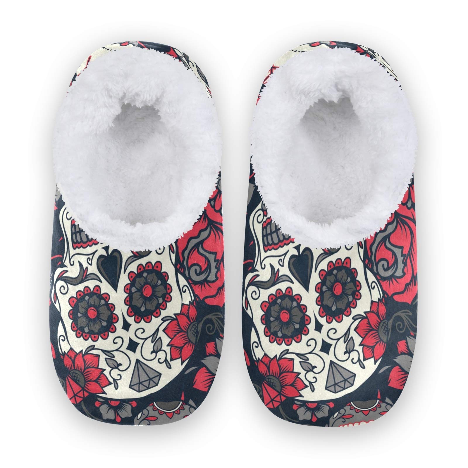 Floral Sugar Skull Slippers for Women - Cozy Indoor House Shoes for Home & Bedroom