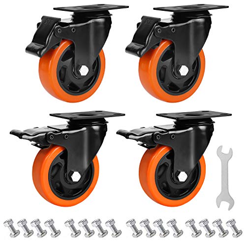 GloEra 4 Inch Heavy Duty Swivel Caster Wheels with Brakes - 1500 LBS Capacity, Lockable Noiseless Dual Casters (4 Pack with Free Screws & Spanner) - Perfect for Industrial Carts, Workbenches, and Moving Equipment