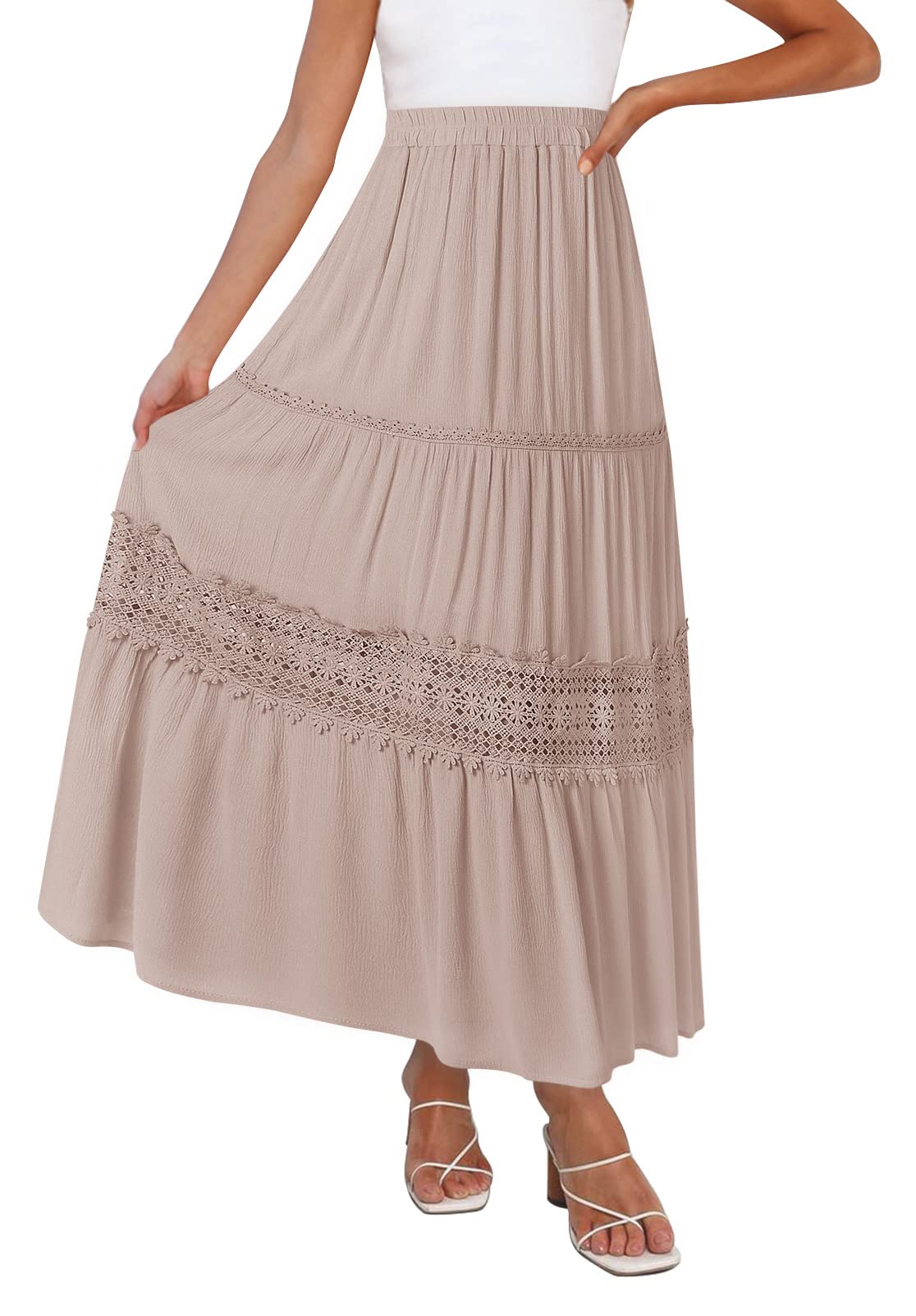 MEROKEETY Women's Boho Elastic High Waist Pleated A-Line Ruffle Lace Trim Tiered Midi Maxi Skirt with Pockets - Perfect for Summer, Beach, Vacation & Casual Outfits