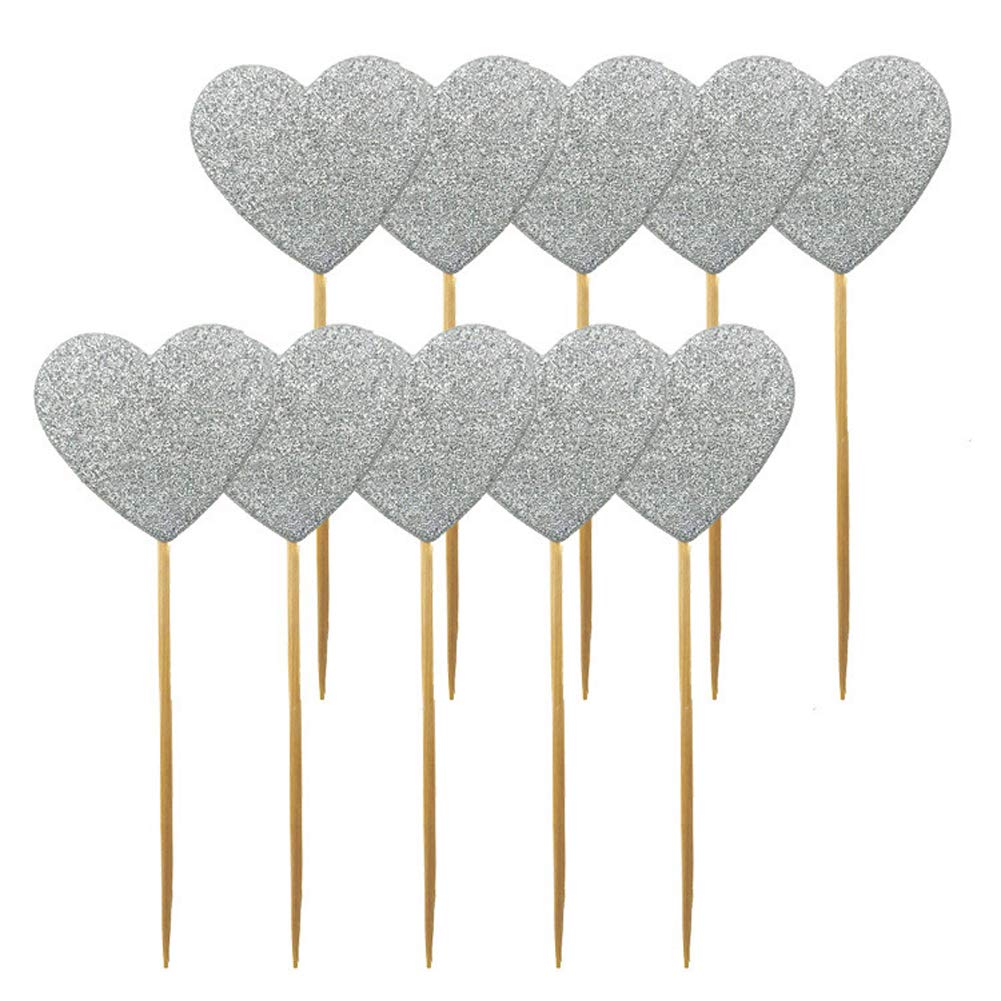 50 Glitter Heart Cupcake Toppers - Silver | Birthday, Wedding & Baby Shower Cake Decorations | Perfect for Party Desserts, Celebrations & Special Events